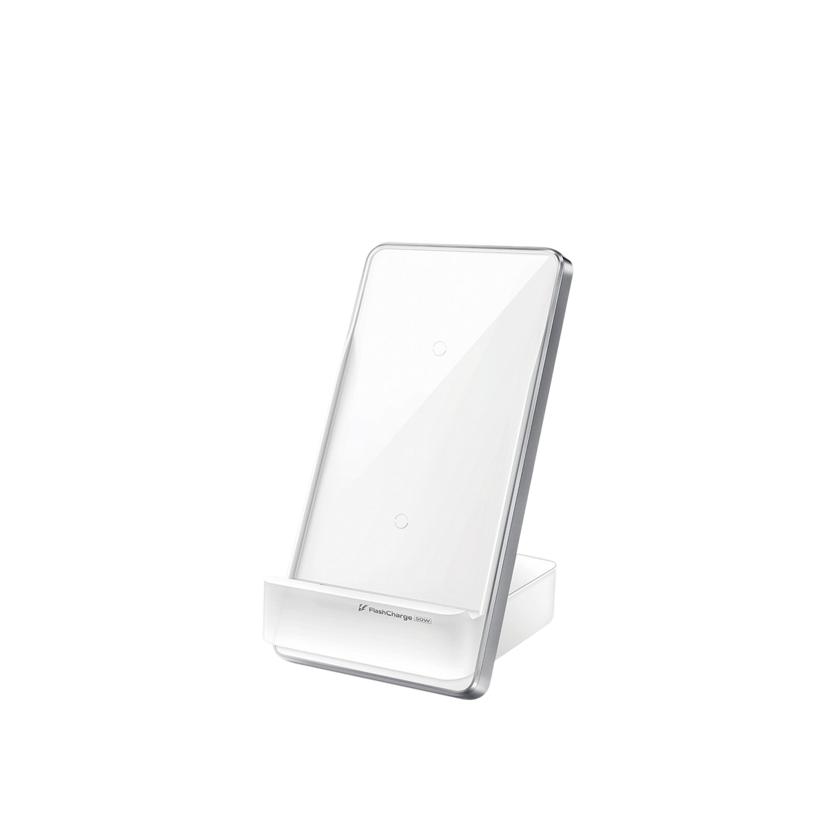 Cargador de teléfono inalámbrico blanco sobre fondo negro.