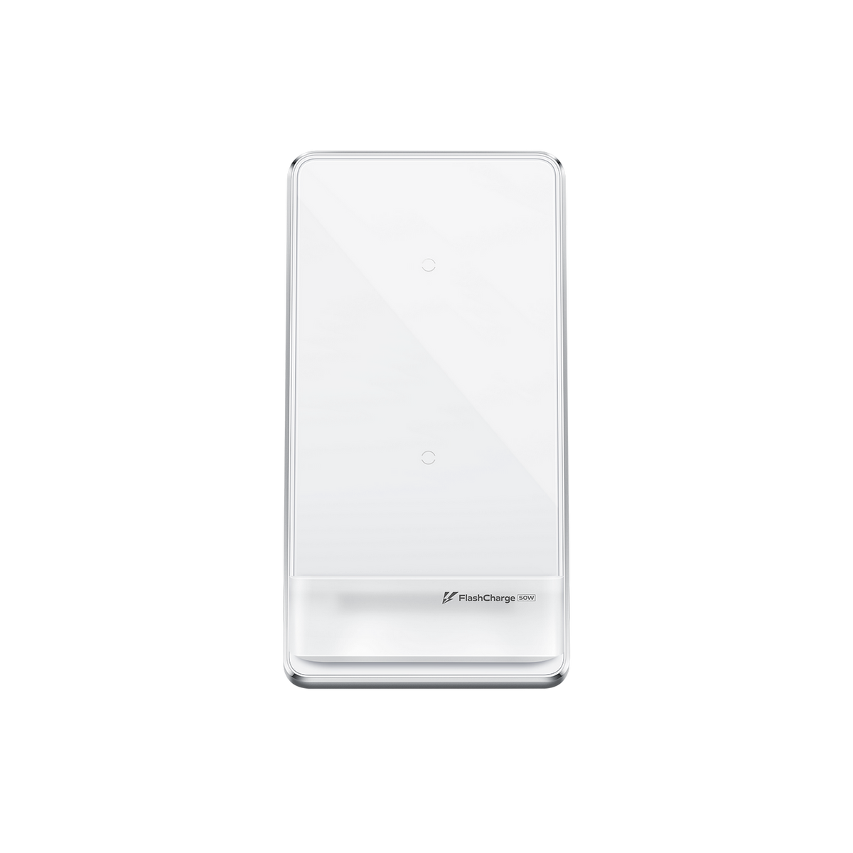 Un cargador inalámbrico blanco, rectangular. Tiene dos puntos de carga y se ve la marca.