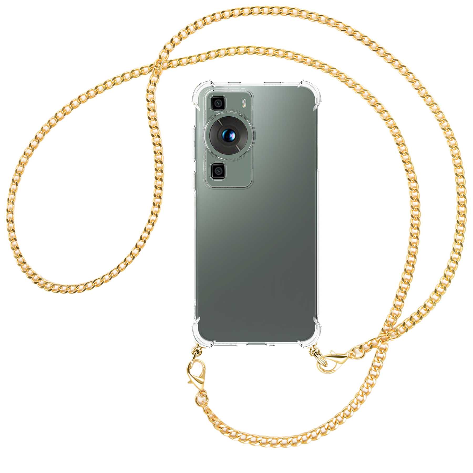 Grünes Telefon in einer transparenten Hülle mit goldener Kette. Weißer Hintergrund.