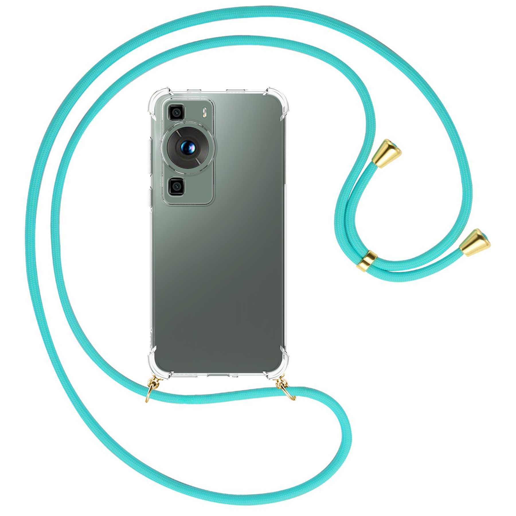 Transparente Handyhülle mit türkisgrünem Umhängeband, türkisgrüner Hintergrund. Telefon hat Kamera und Knöpfe.
