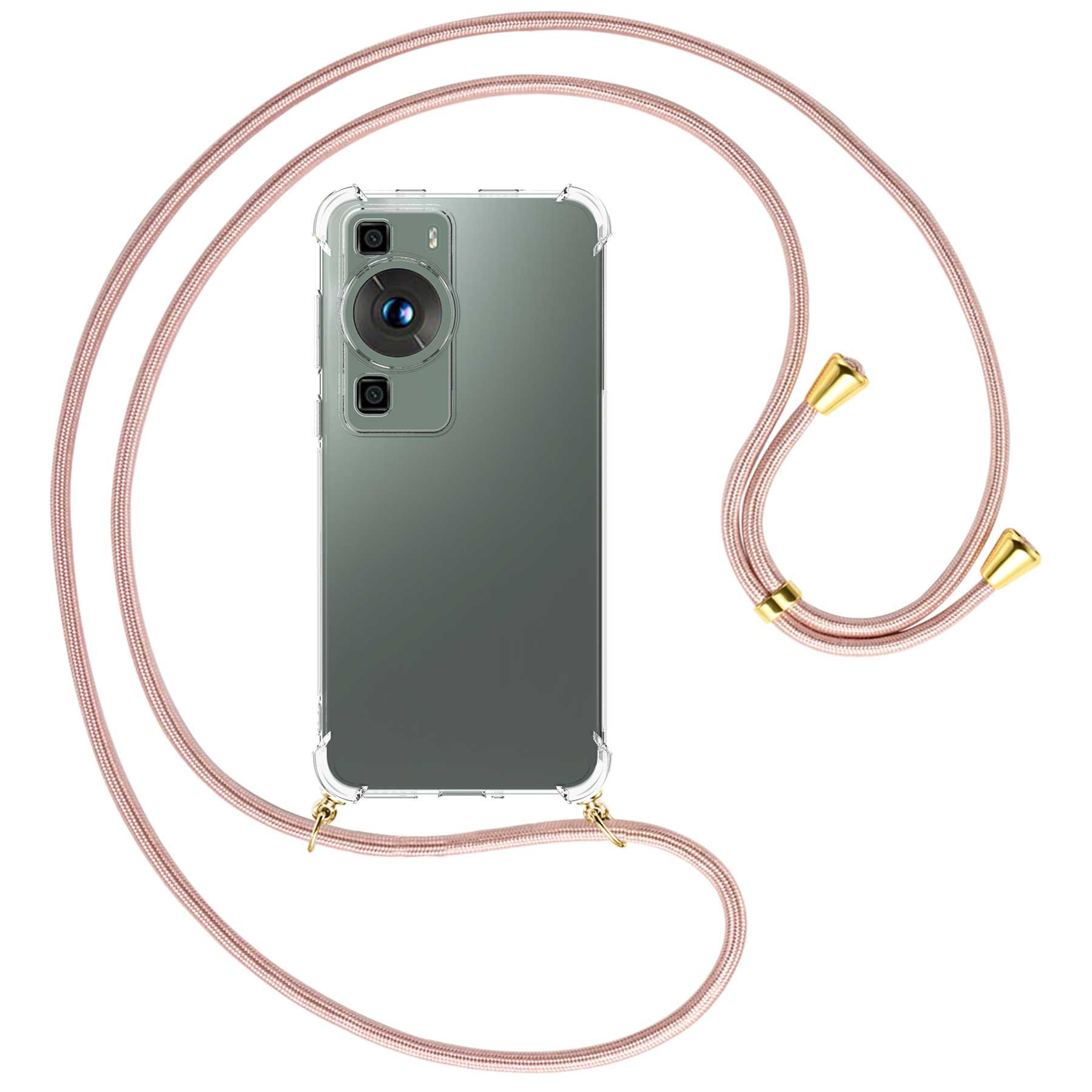 Transparente Handyhülle mit rosa Kordel und Telefon.