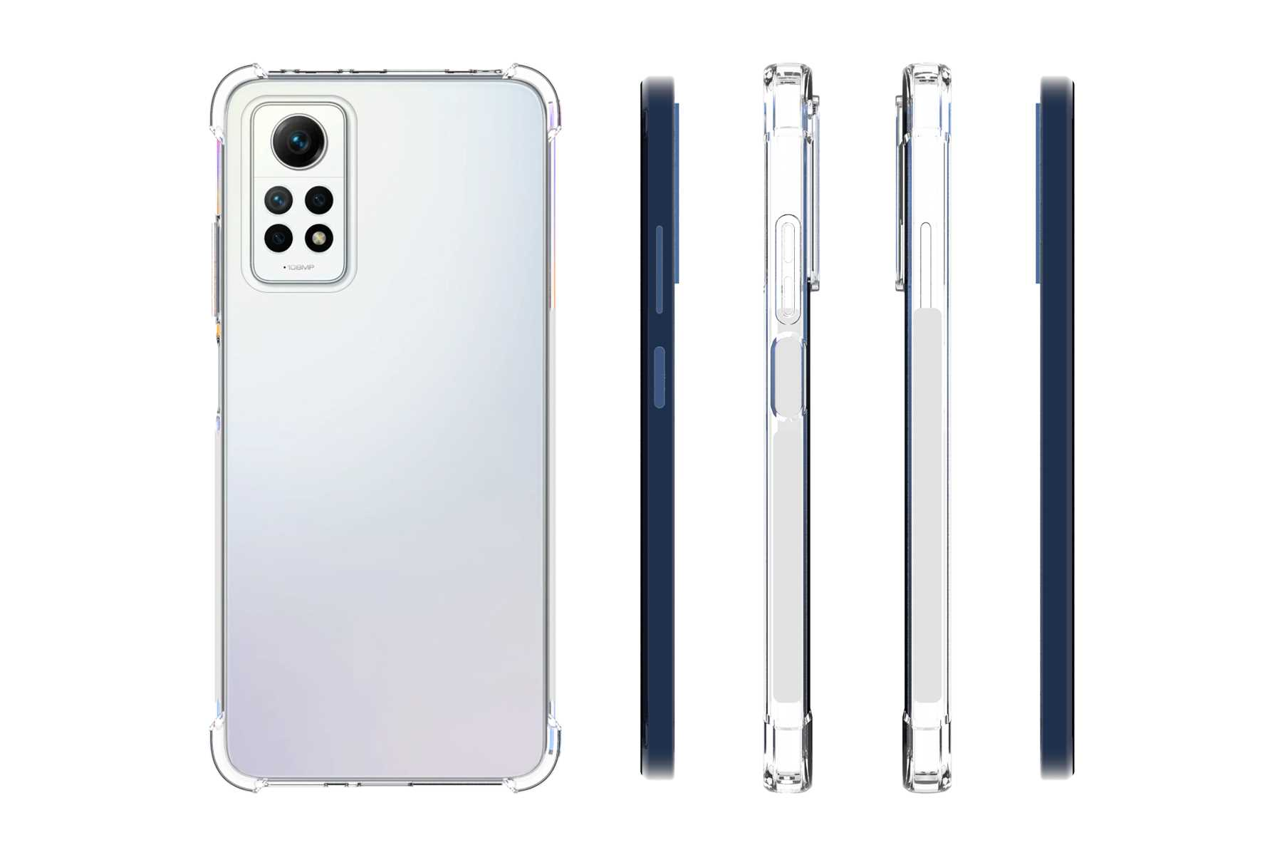Ein Telefon in einer transparenten Hülle mit Seitenansichten, die die Hülle und das Telefon zeigen.