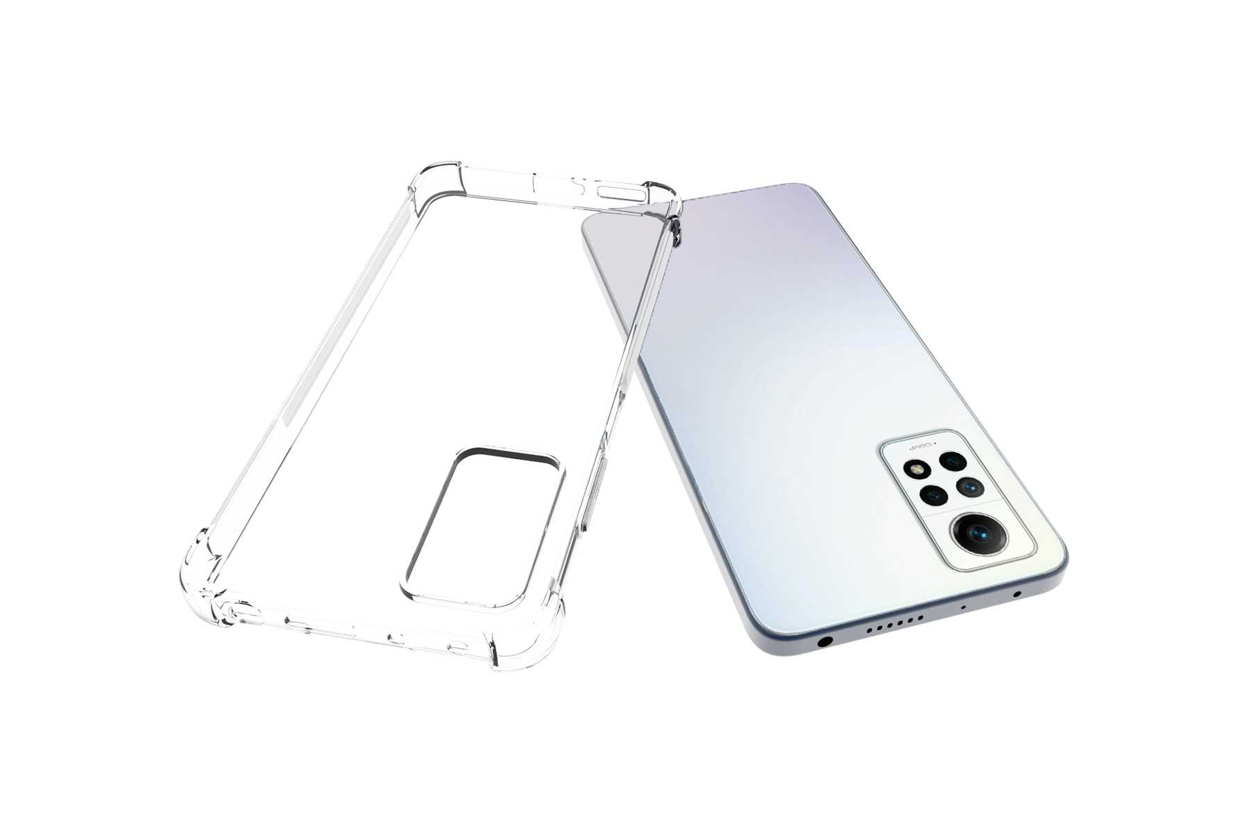 Eine transparente Handyhülle neben einem Smartphone. Weißer Hintergrund.