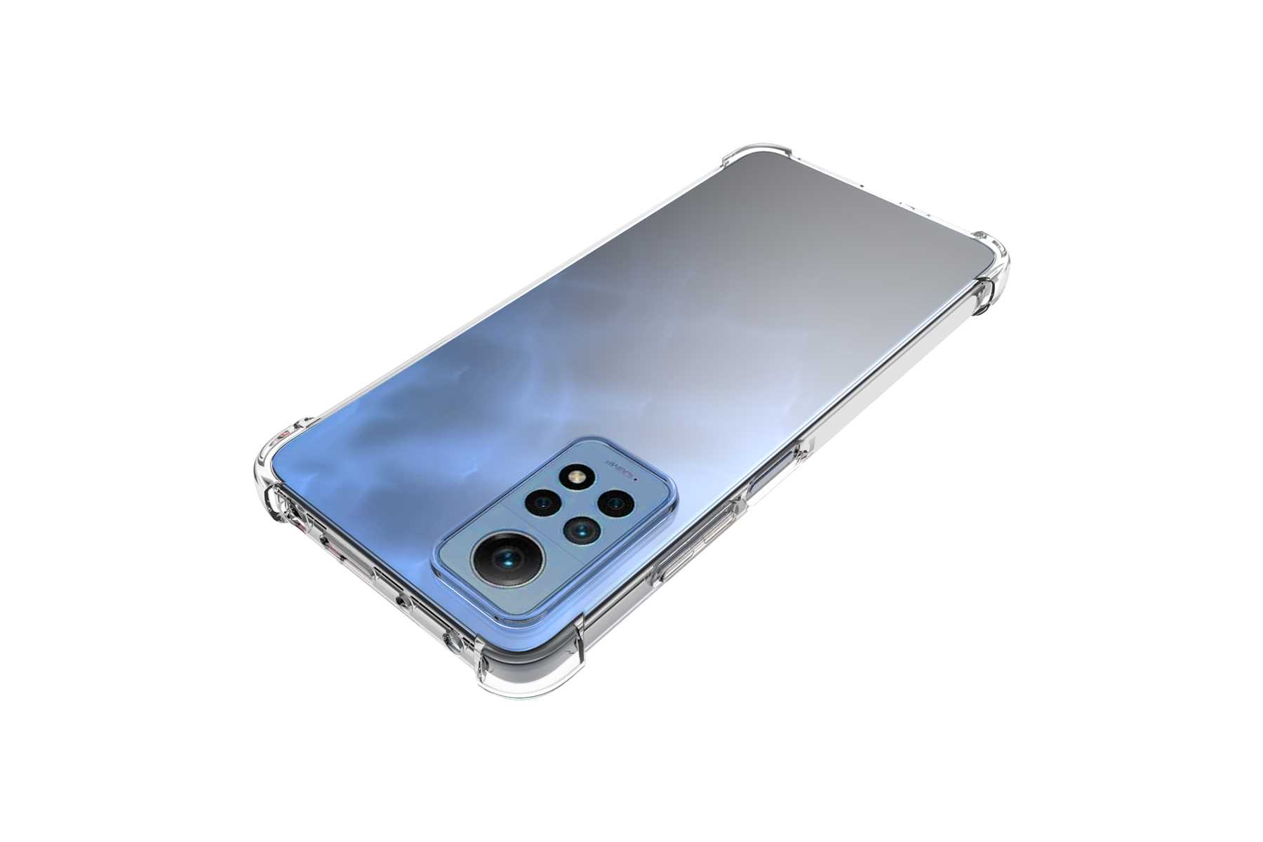 Ein Telefon in einer transparenten Schutzhülle, abgewinkelt. Die Rückseite hat mehrere Kameras.
