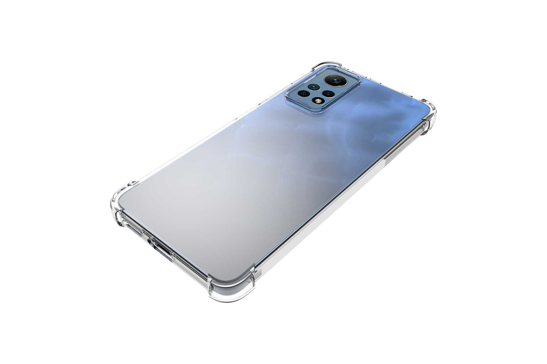 Smartphone in klarer Hülle. Rückansicht. Klare Hülle. Blauer und weißer Farbverlauf auf der Rückseite.