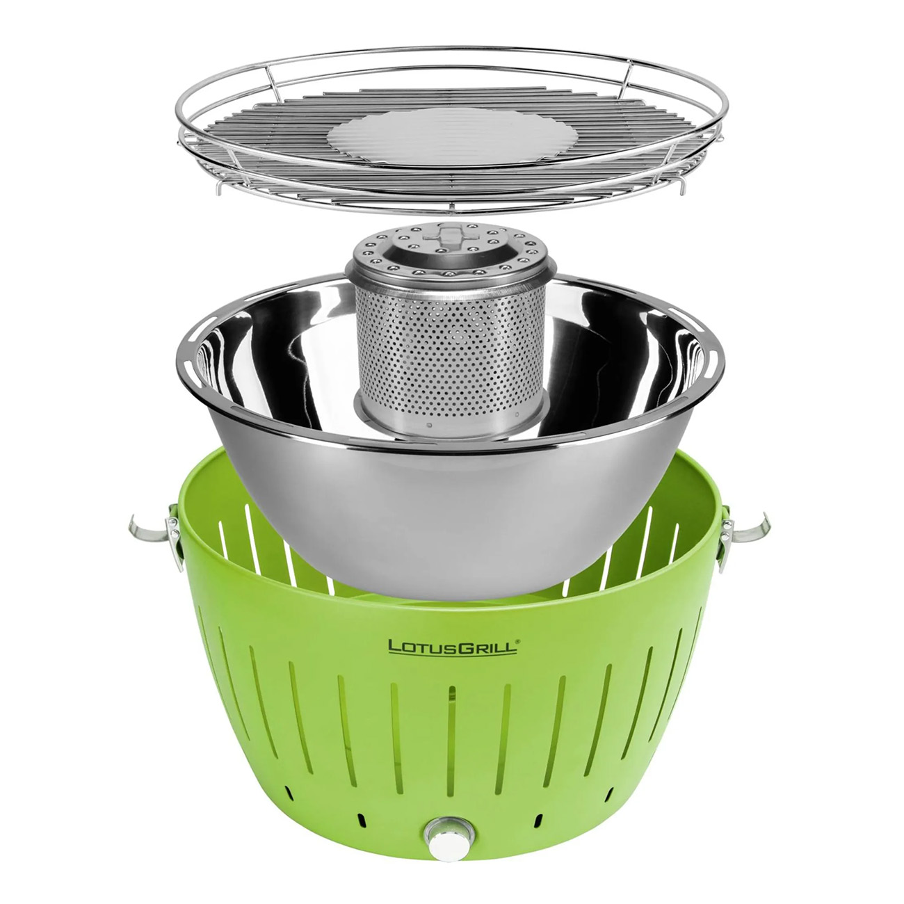 Zielony LotusGrill, zdemontowany, pokazujący grill, miskę i podstawę zewnętrzną; oddzielone elementy.
