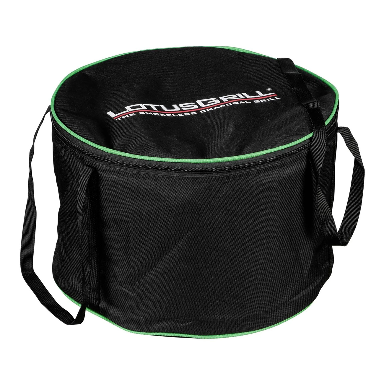 Czarna torba z zielonymi obramowaniami. Tekst: LotusGrill, The Smokeless Charcoal Grill.