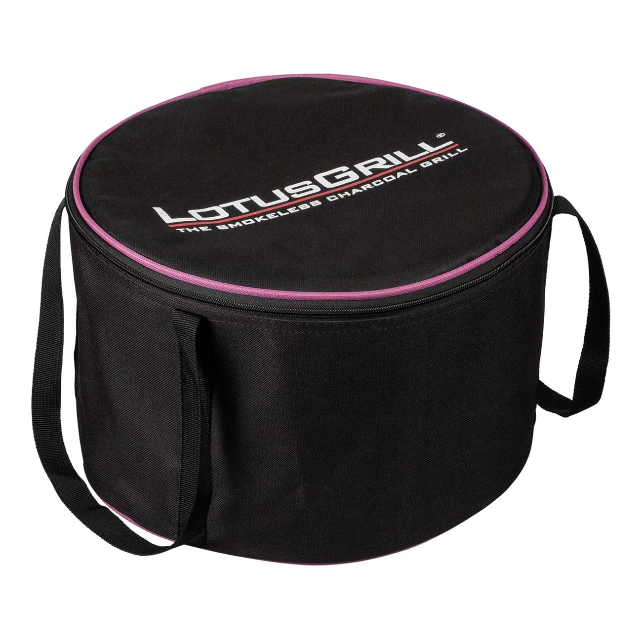 Czarna, okrągła torba transportowa do grilla węglowego LotusGrill z różowym wykończeniem.