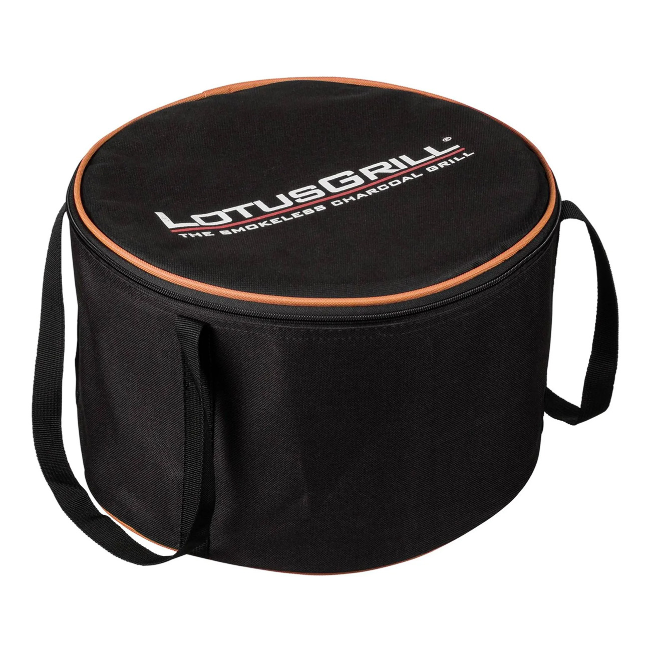 Czarna okrągła torba LotusGrill z pomarańczowym obszyciem i uchwytami, do grilli węglowych.
