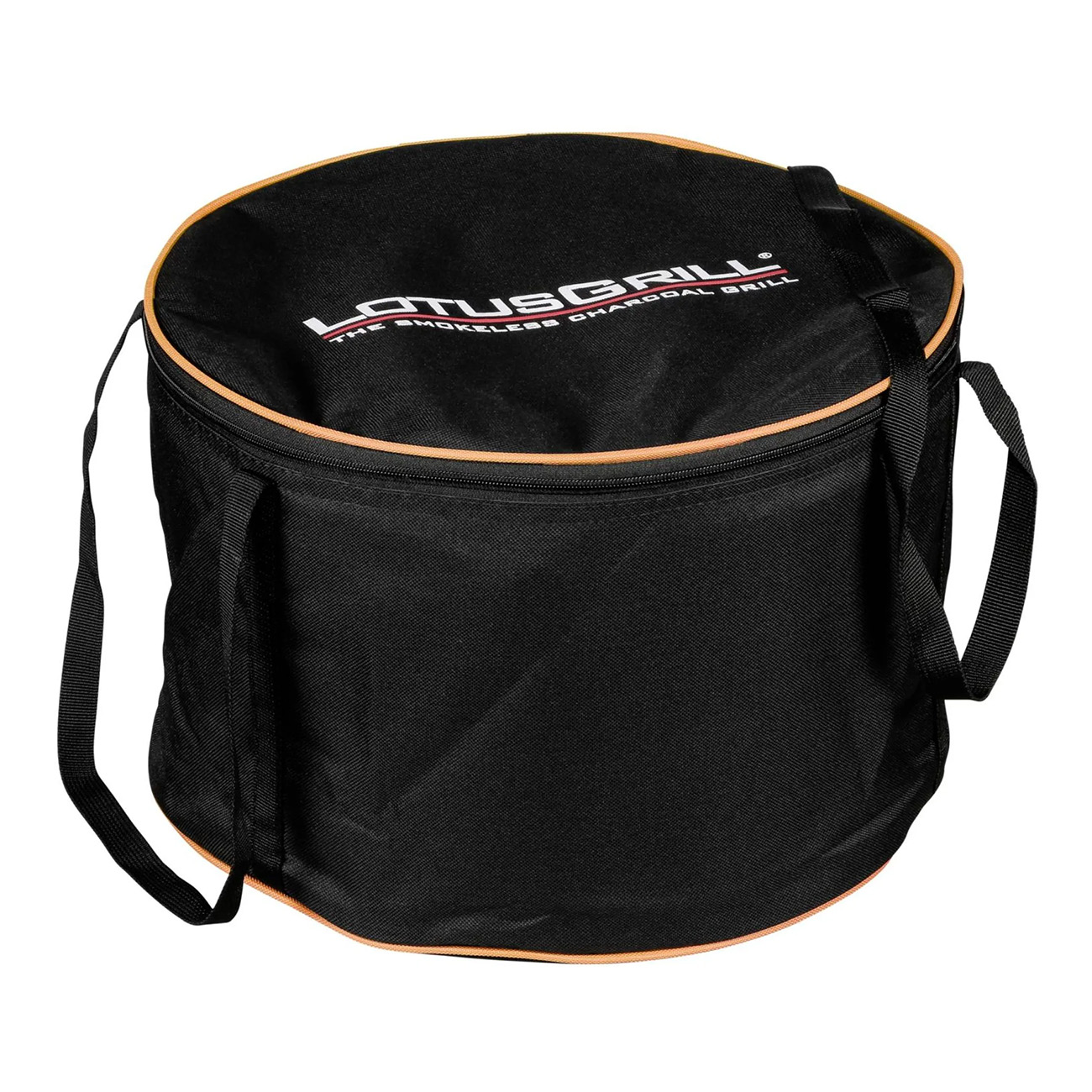 Czarna okrągła torba z pomarańczową obwódką. Logo LotusGrill na torbie.