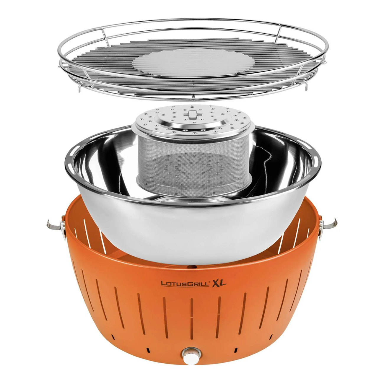 Een explosiebeeld van een ronde oranje LotusGrill XL, met grill, binnenschaal en buitenschaal.