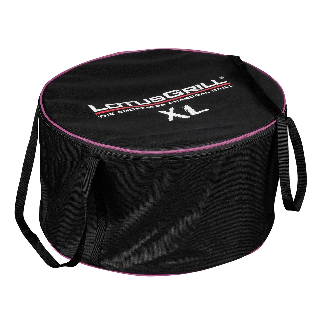 Czarna okrągła torba na grilla z różowym obszyciem. Torba ma uchwyt i napis 'LOTUSGRILL XL'.