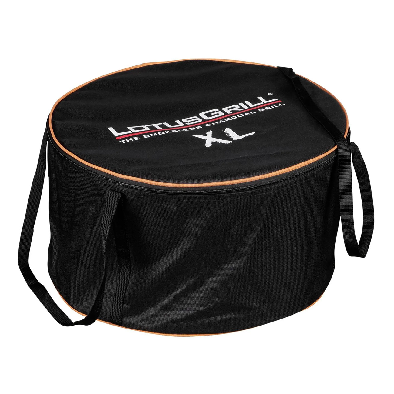 Czarna torba na grilla LotusGrill XL z uchwytami i paskiem na ramię. Pomarańczowe wykończenie i biały tekst.