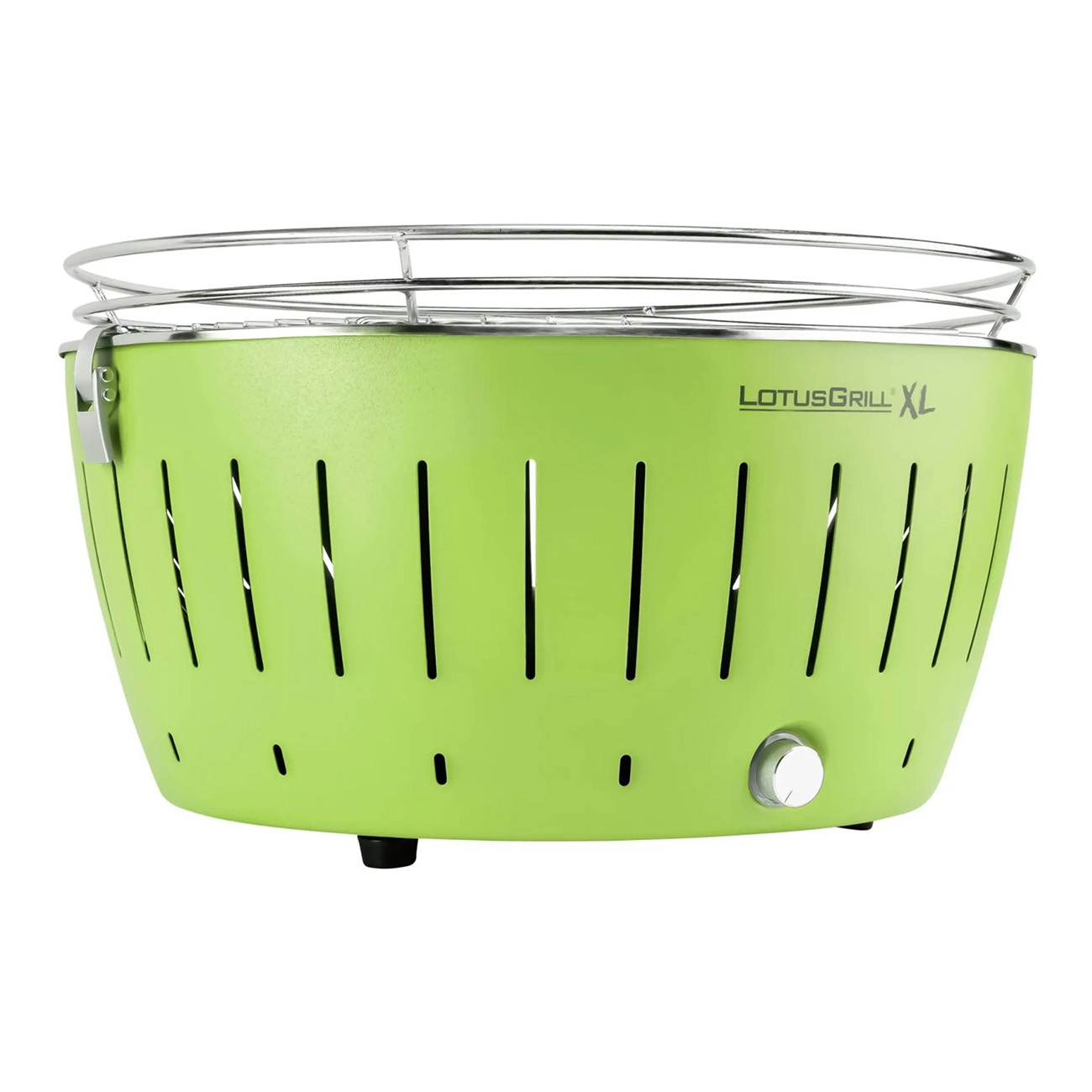 Een felgroene grill met een metalen grilltop. Het heeft een ronde vorm.