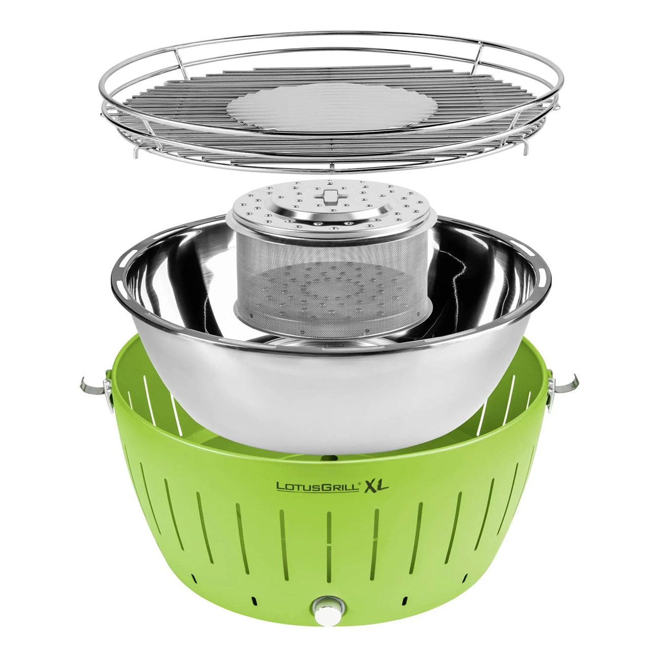 Gedemonteerde grill met groene basis. De grill is zilver en zwart. De basis is groen.