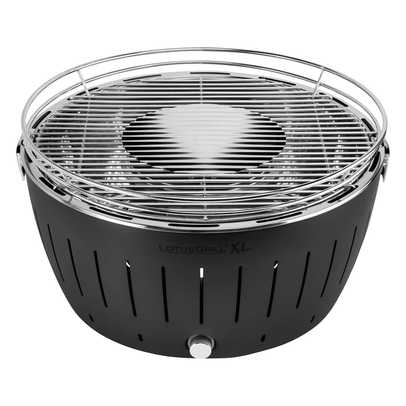 Griglia Lotus nera e argento. Una griglia rotonda con griglia in acciaio inox. Ha una ventilazione.