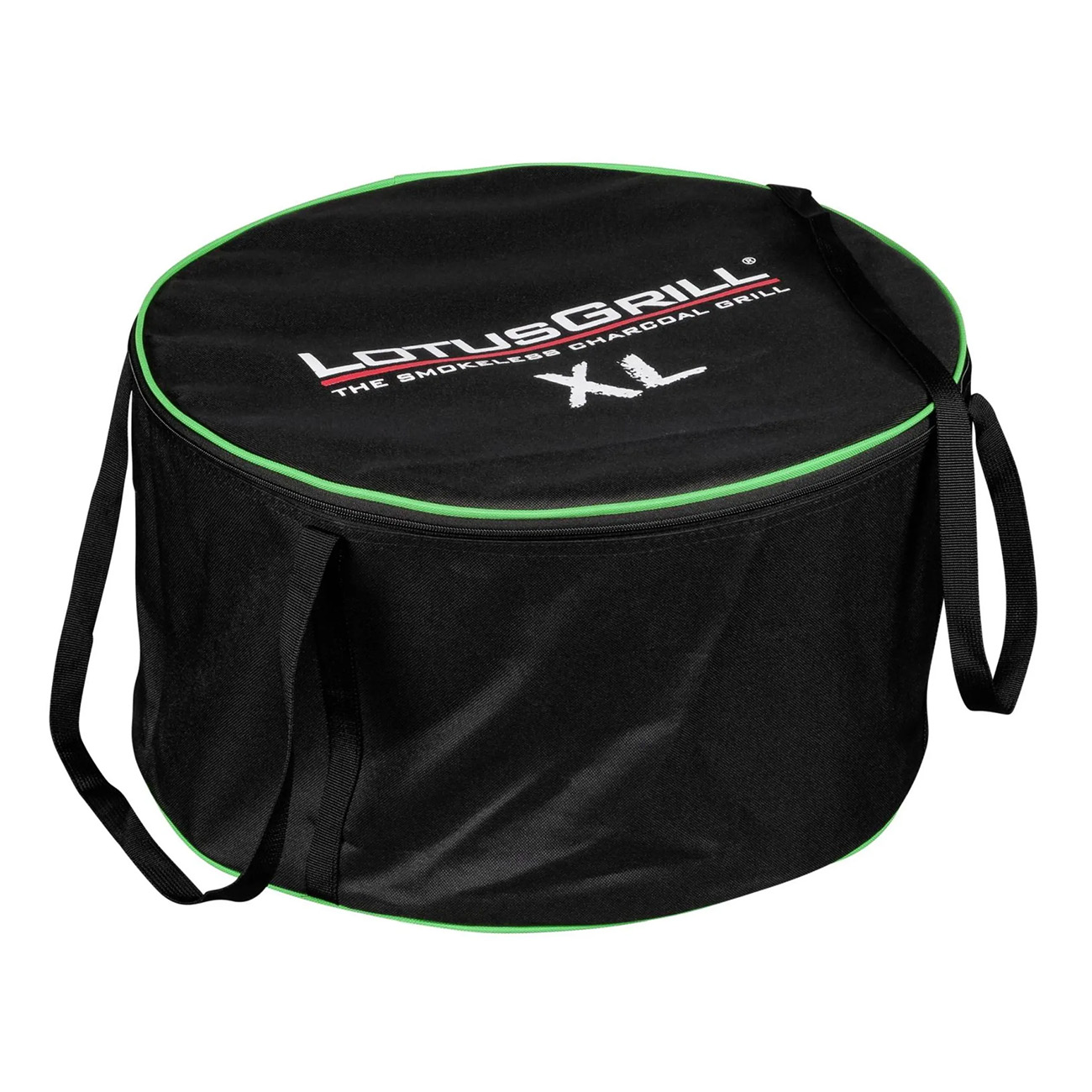 Czarna torba XL LotusGrill z zielonymi wykończeniami i uchwytami. Widoczne logo i XL.