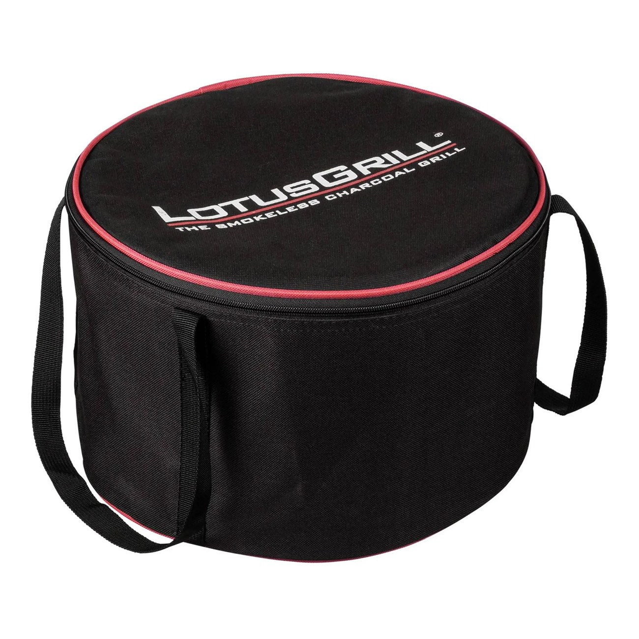 Czarna okrągła torba transportowa z czerwonym obszyciem. Logo Lotus Grill i uchwyty.