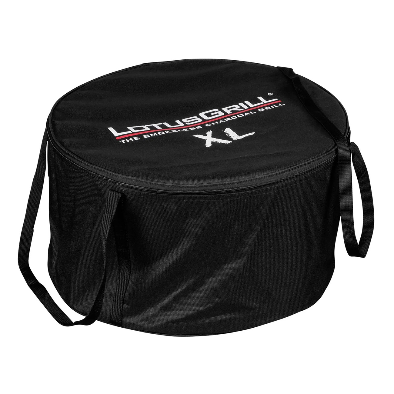 Czarna okrągła osłona grilla z uchwytami i tekstem na białym tle.