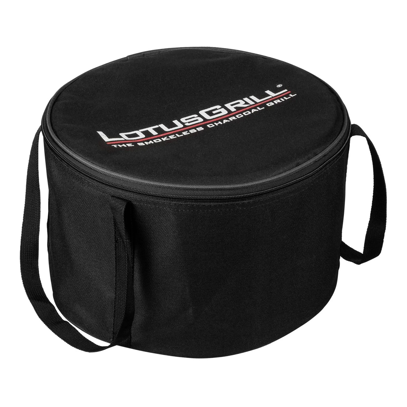 Czarna, okrągła torba do przenoszenia grilla z czerwonym tekstem na górze. Torba ma uchwyty i zamek błyskawiczny.