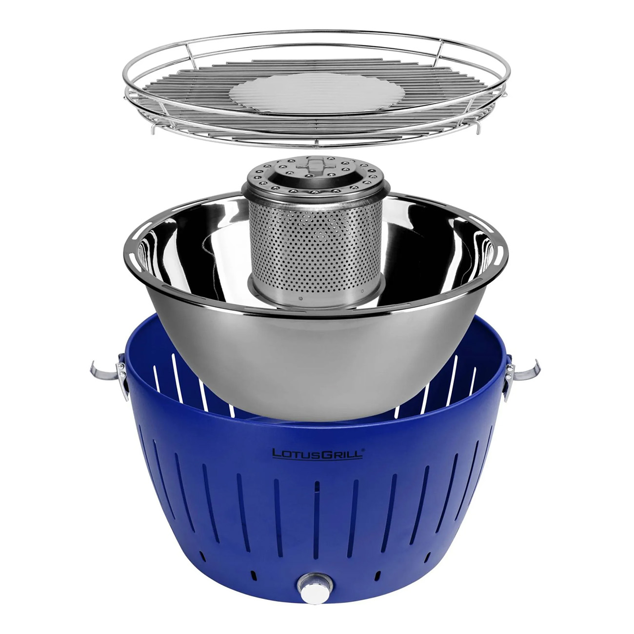 Niebieski grill Lotus Grill, zdemontowany, pokazujący jego elementy.
