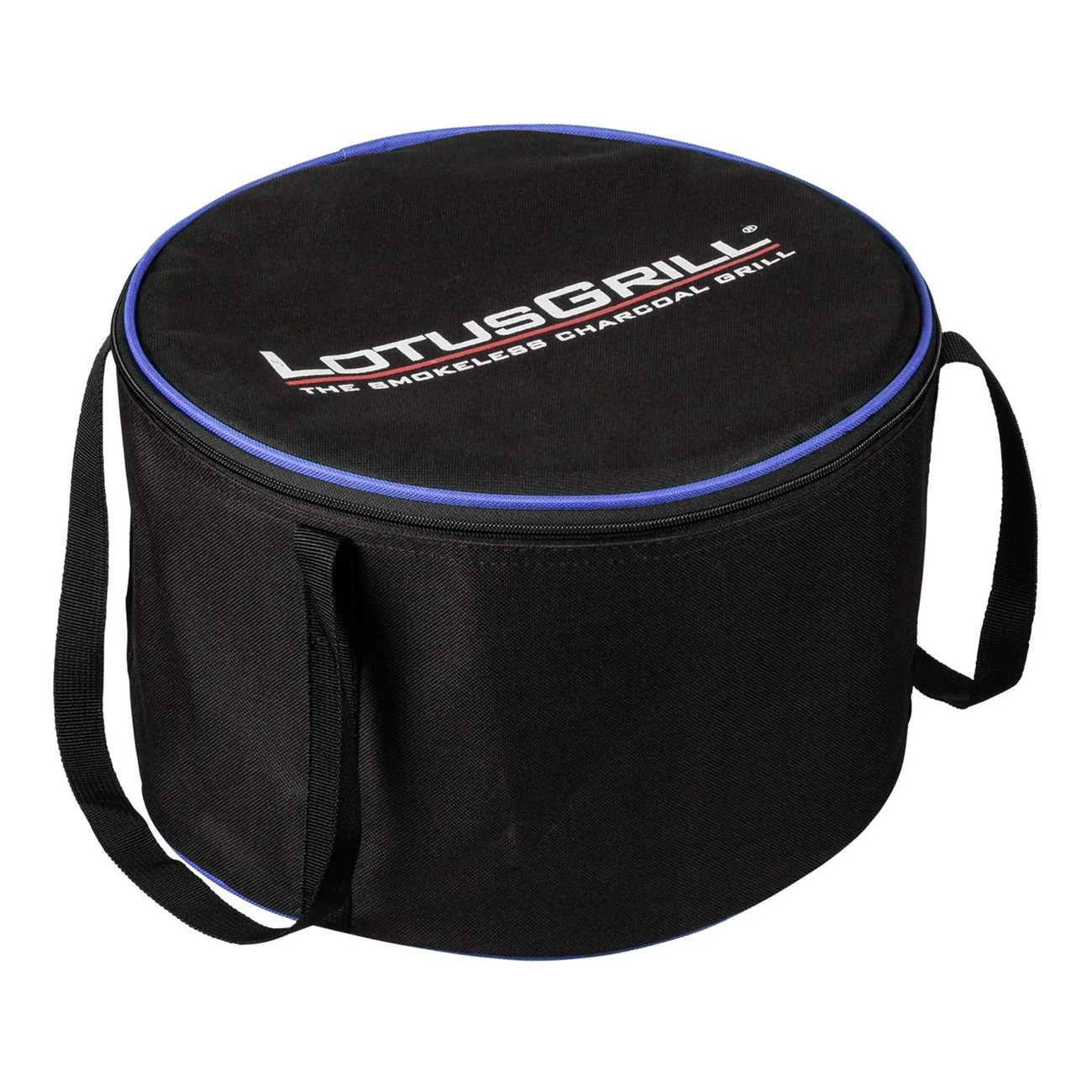 Czarna, okrągła torba do grillowania z niebieskim wykończeniem.
