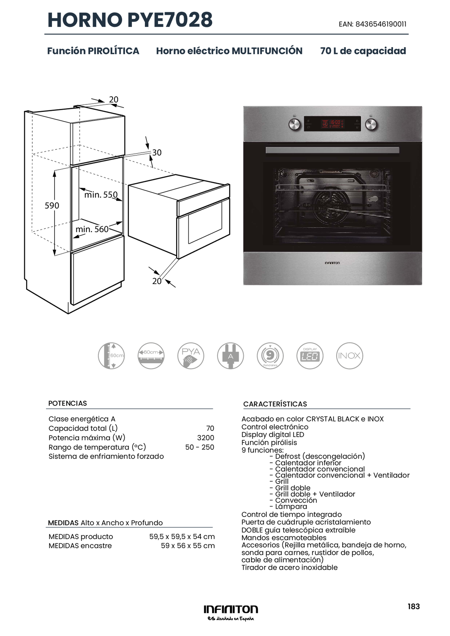 Dibujo técnico de un horno empotrado con especificaciones y características en español.
