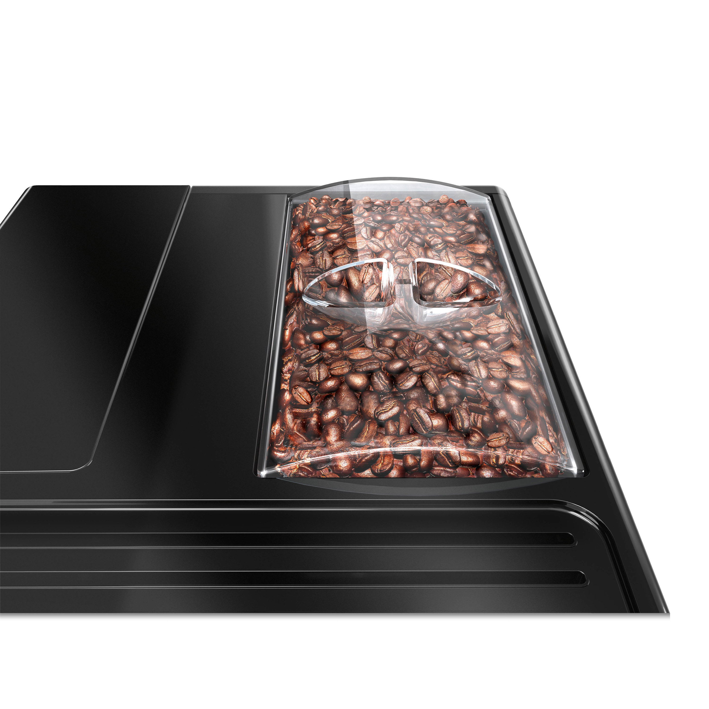 Przezroczysty pojemnik wypełniony ziarnami kawy.