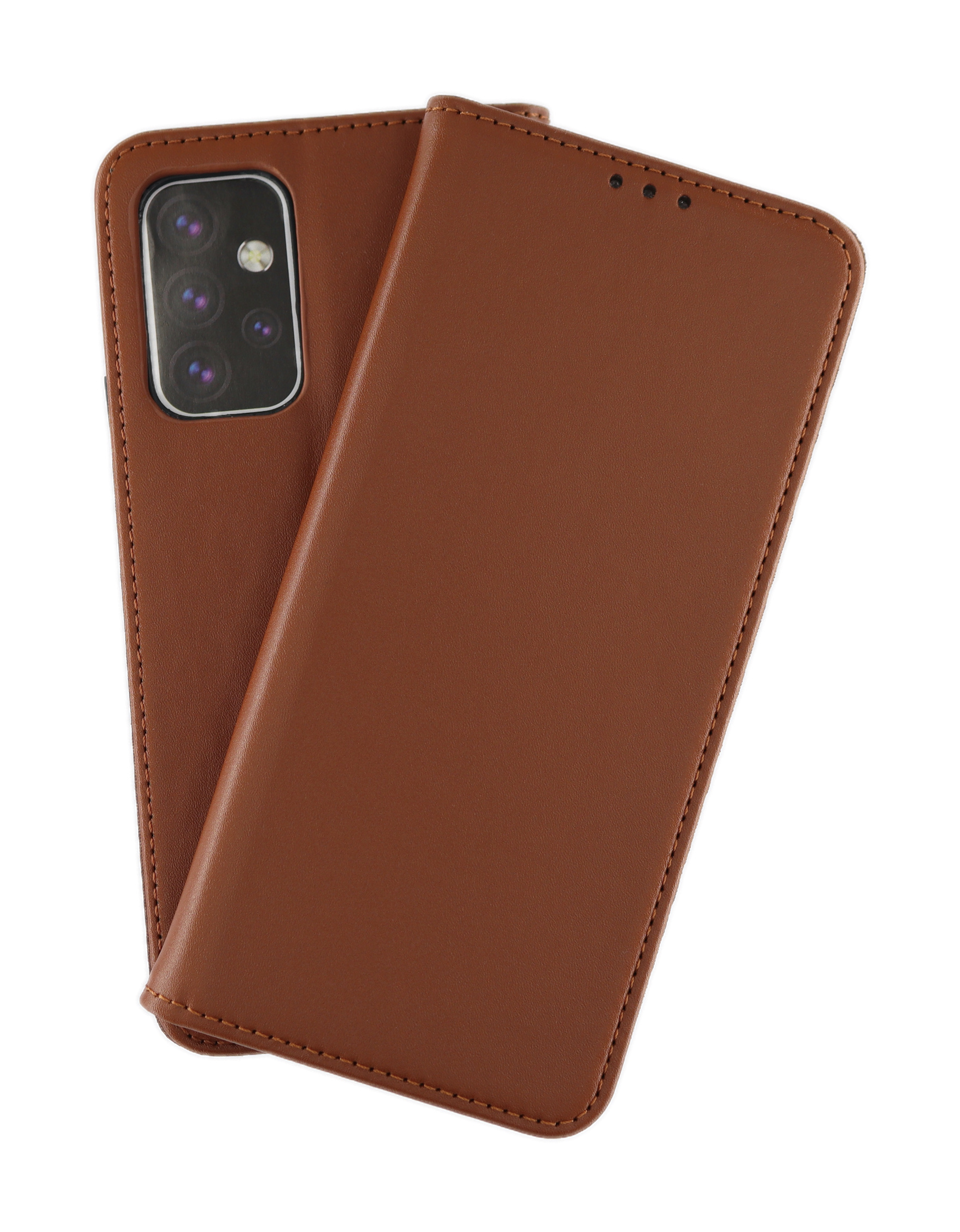 Eine braune Leder-Handyhülle, offen, mit Telefon, auf weißem Hintergrund.
