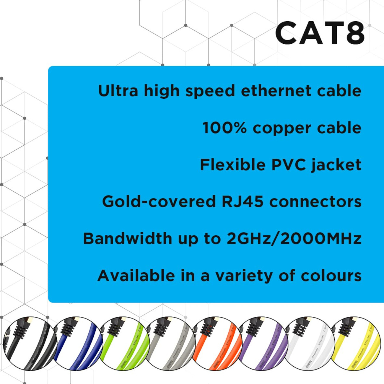 Text: CAT8, Ultra High Speed Ethernet-Kabel, 100% Kupferkabel, flexibler Mantel, goldbeschichtete RJ45-Stecker.