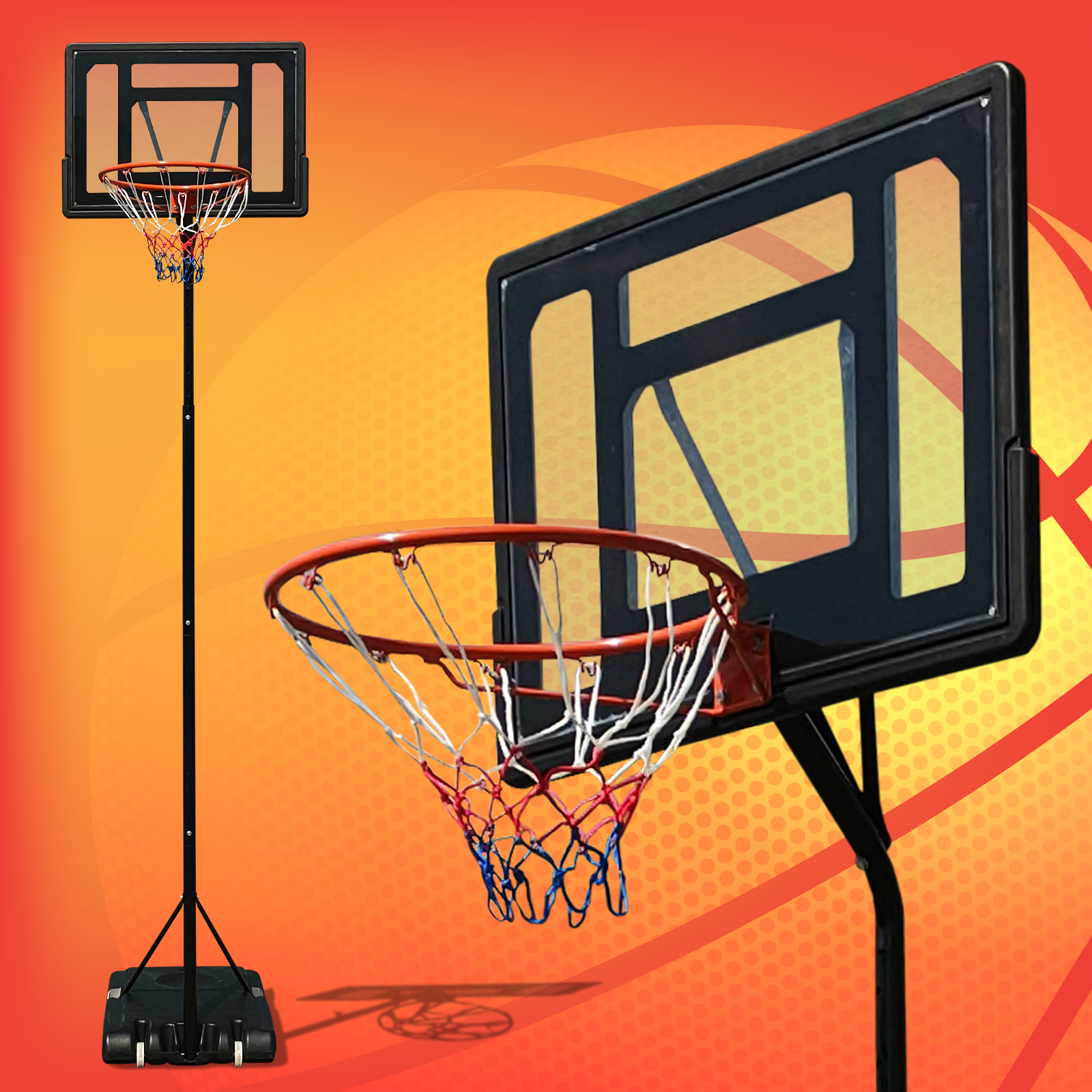 Basketballkorb mit rotem und blauem Netz, mit zusätzlichem Korb an der Seite und rotem/orangem Hintergrund.