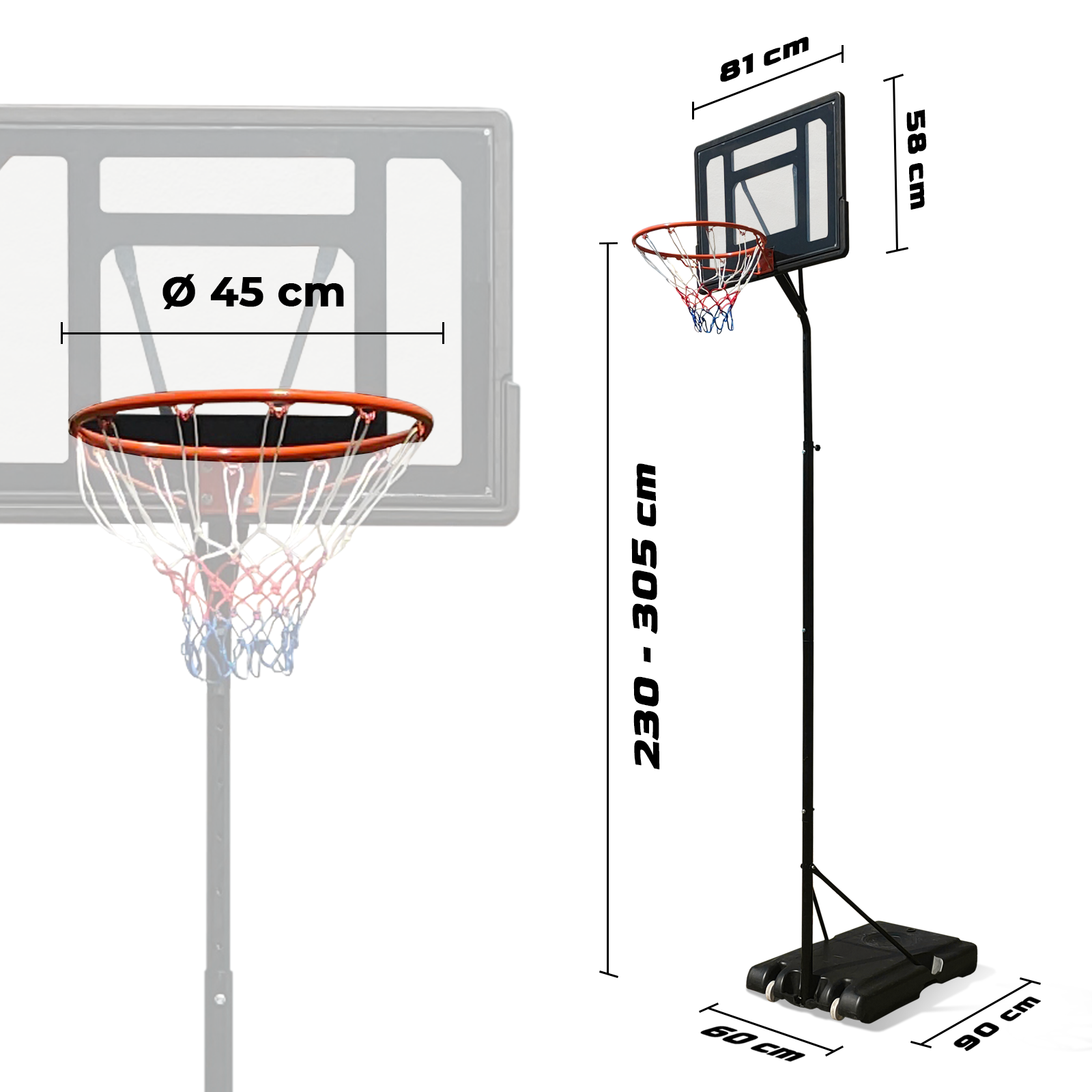 Basketballkorb und Backboard. Ständer mit Maßen. Korb oben mit Netz. Isoliert auf Weiß.