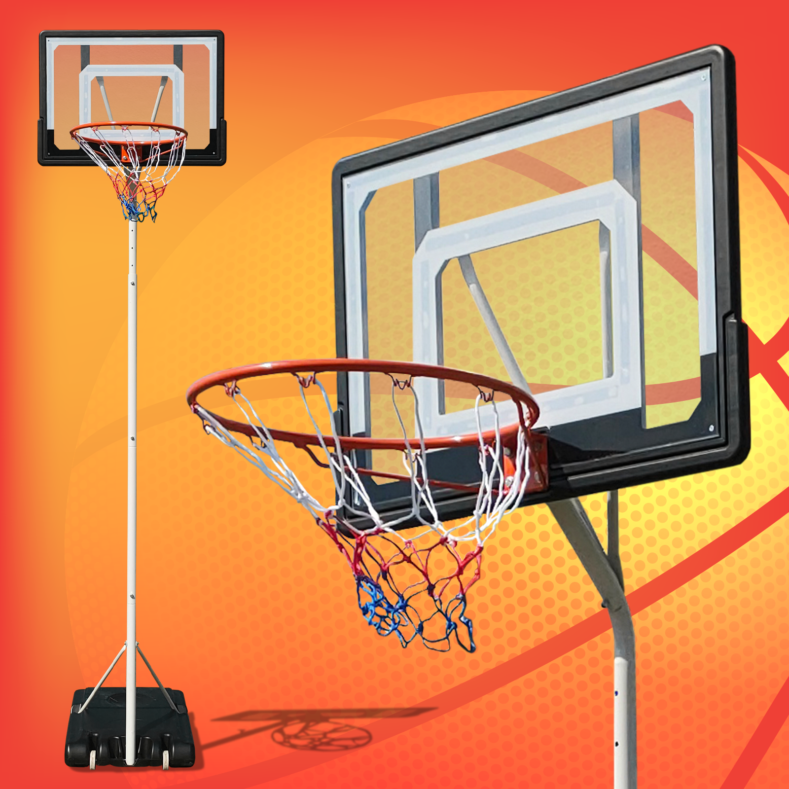 Basketballkörbe. Einer komplett, einer nah. Oranger und roter Hintergrund.