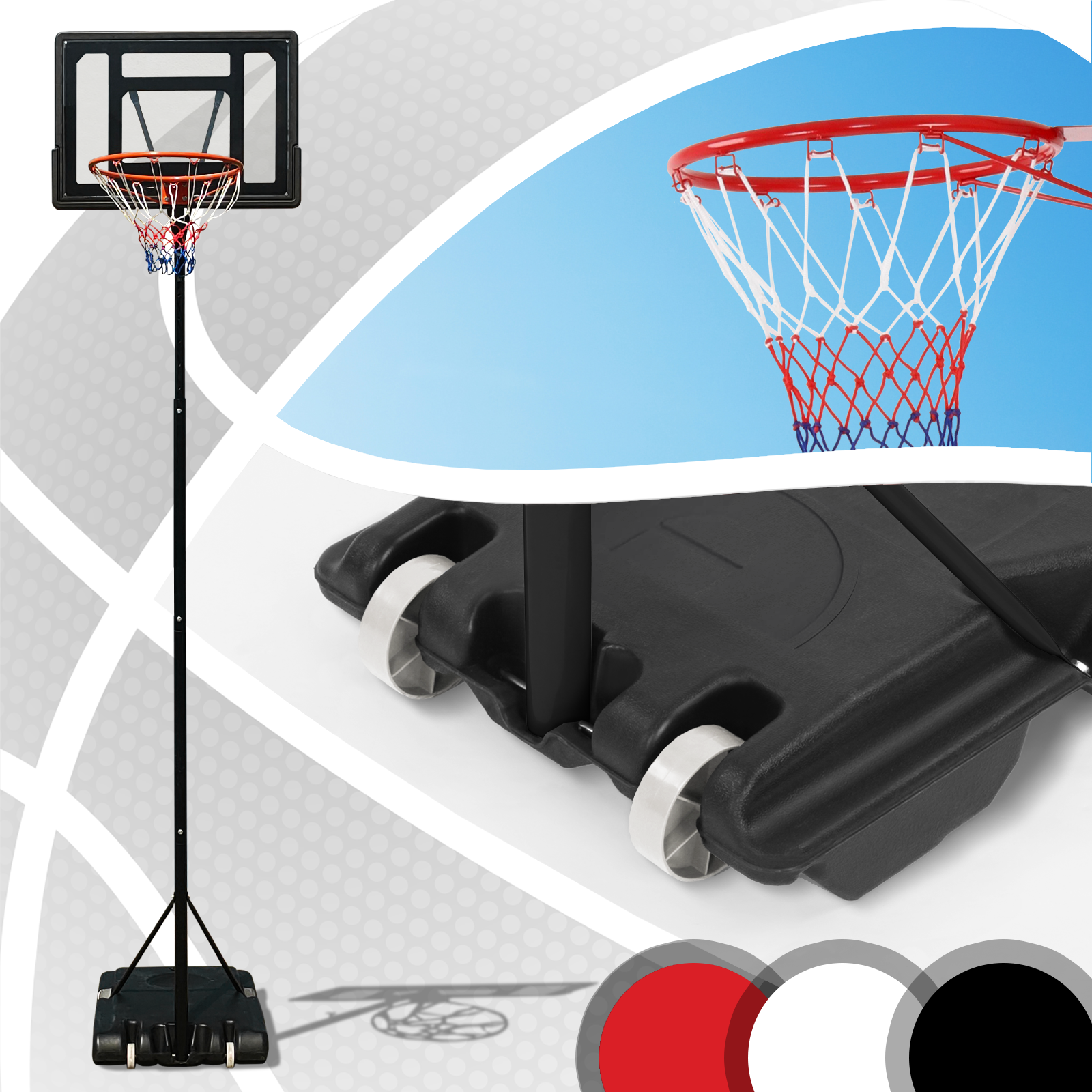 Basketballkorb mit schwarzem Brett, rot-weißem Netz und schwarzer Basis. Im Hintergrund eine detaillierte Einblendung.