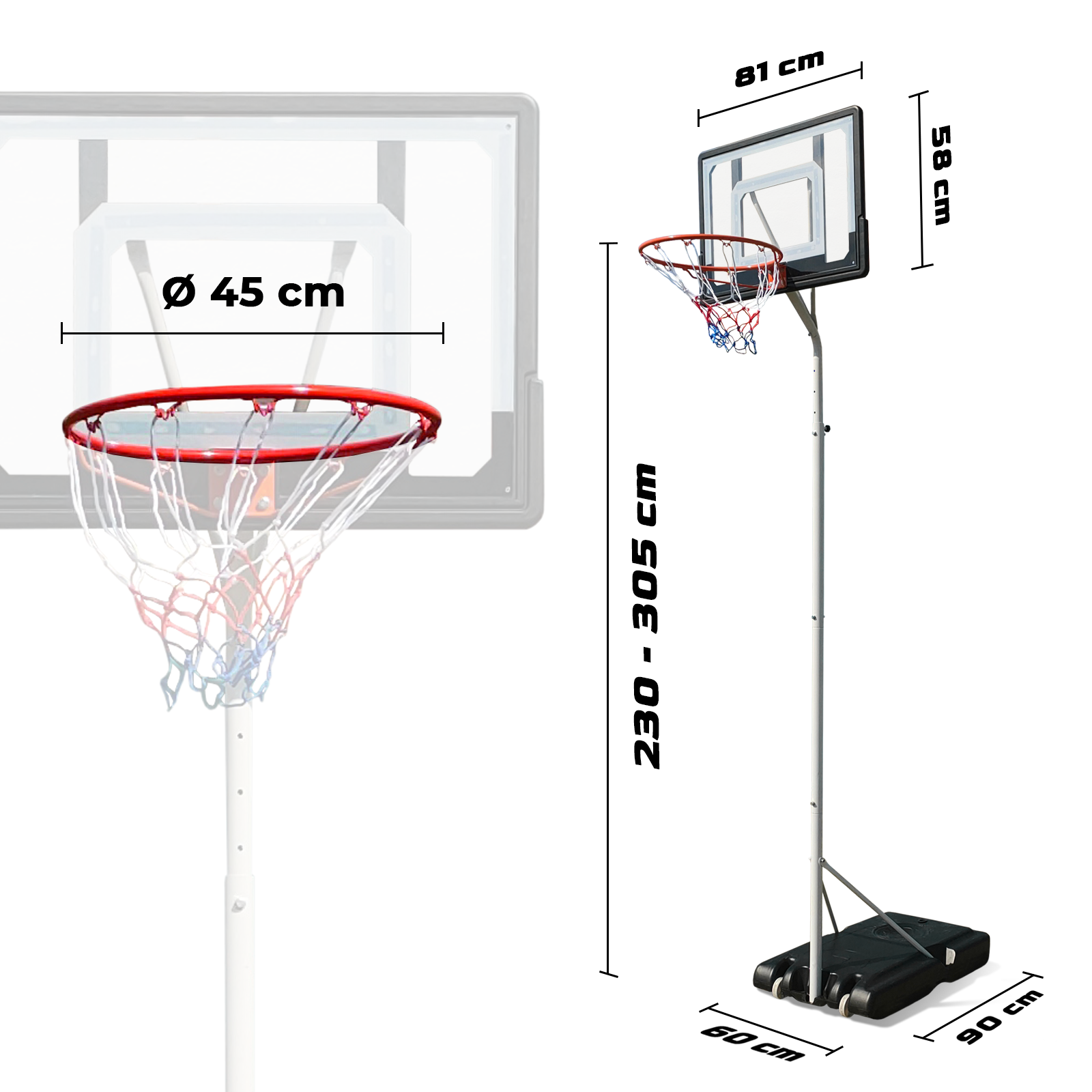Basketballkorb mit Abmessungen, vor weißem Hintergrund. Der Korb ist rot mit weißem Netz.