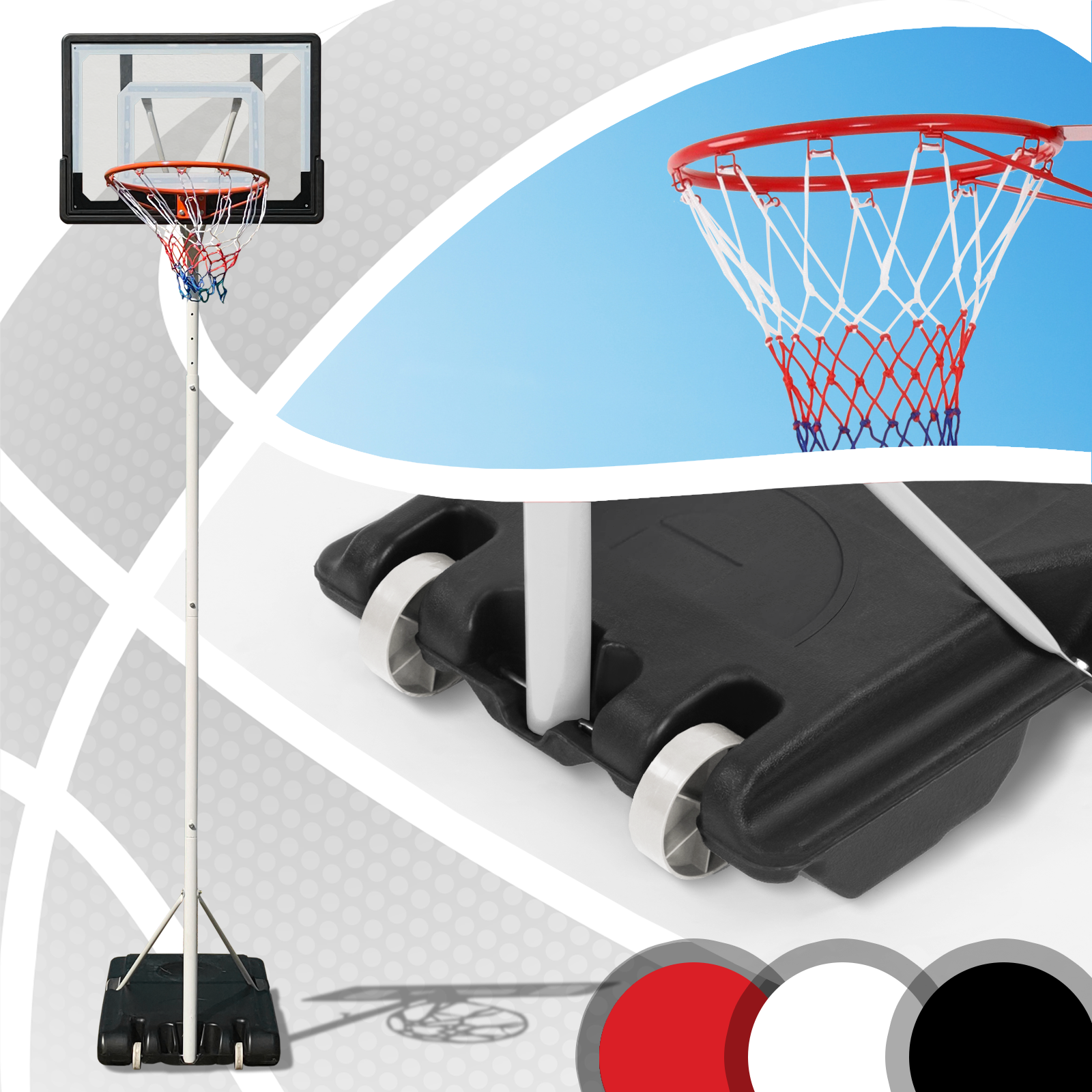 Basketballkorb auf Ständer, mit rotem und weißem Netz, auf weißem Grund.