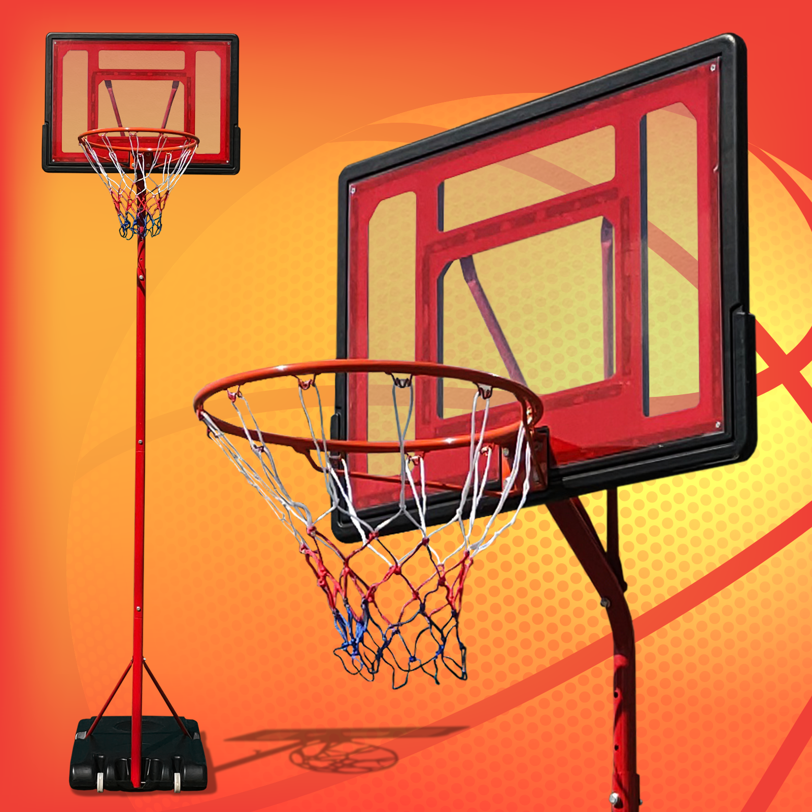 Zwei Basketballkörbe auf rotem Hintergrund. Einer ist ein ganzer Korb und der andere eine Nahaufnahme.