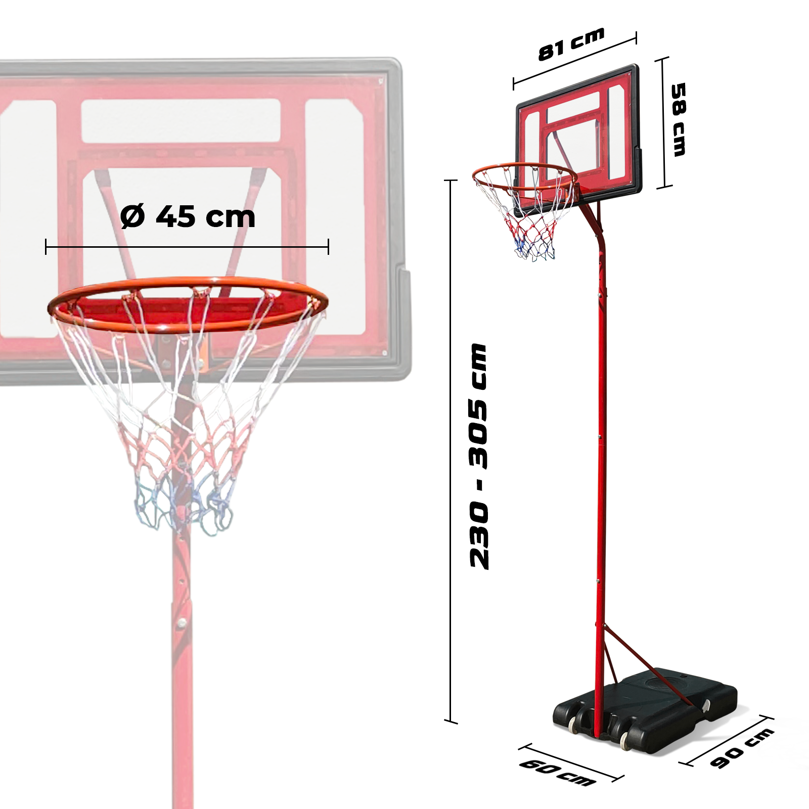 Basketballkorb mit Maßangaben. Enthält Rückwand, Netz und Ständer.