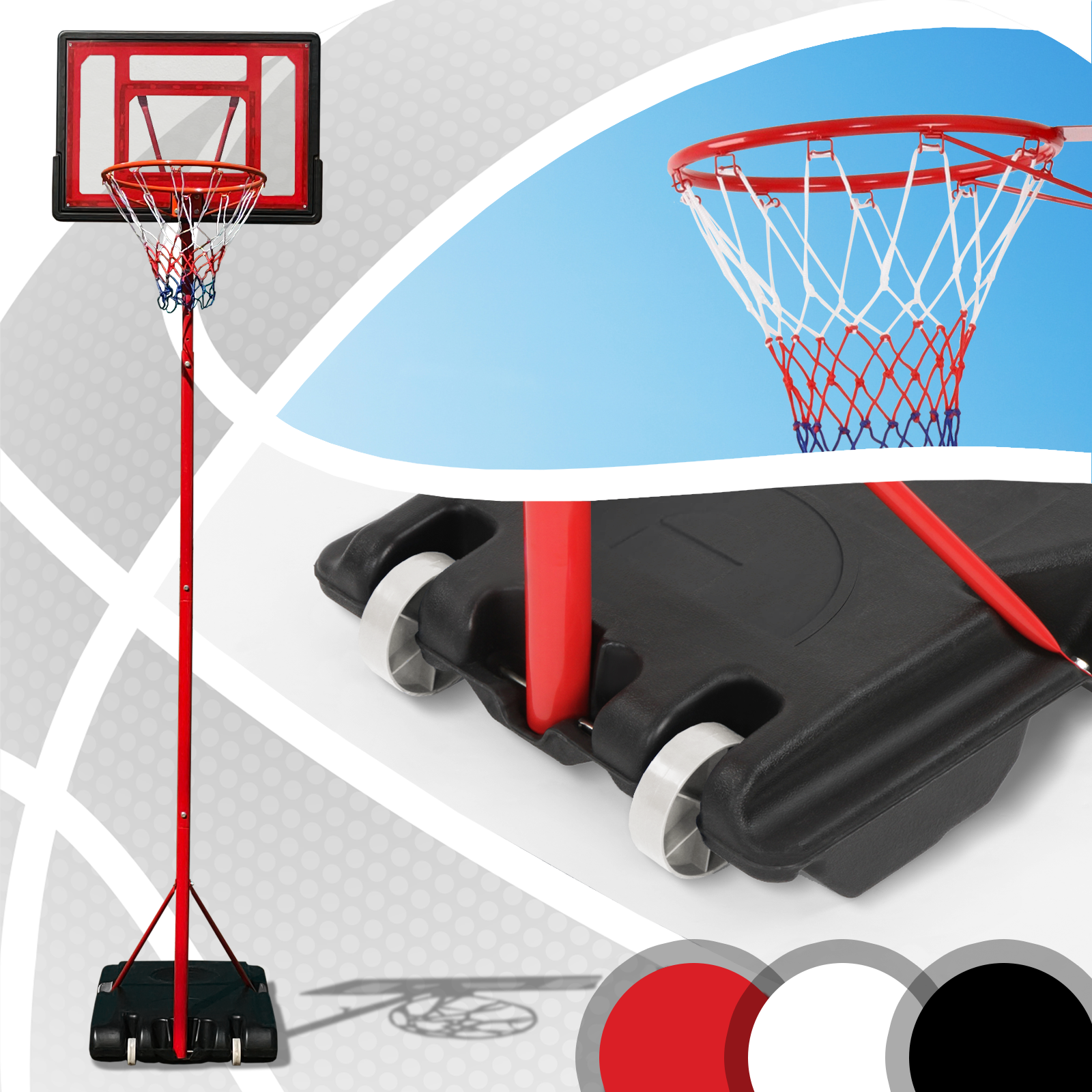 Ein rot-schwarzer Basketballkorb mit weißem Netz, vor blauem Hintergrund platziert.
