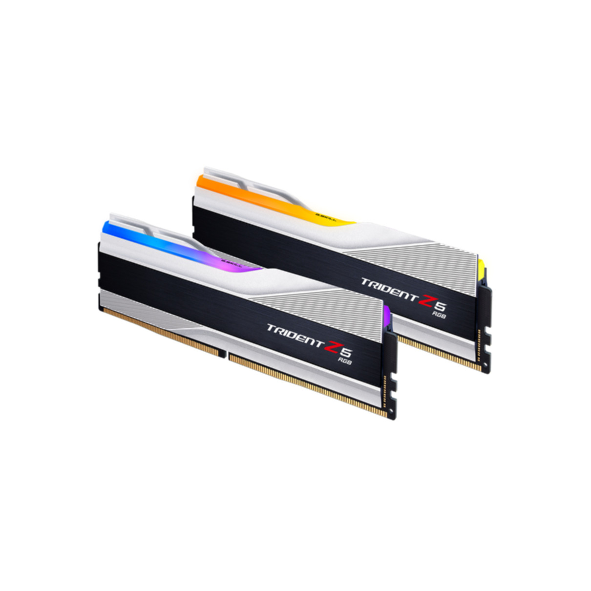 Dwa moduły RAM, czarno-białe z podświetleniem RGB. Napis Trident Z5 RGB. Białe tło.