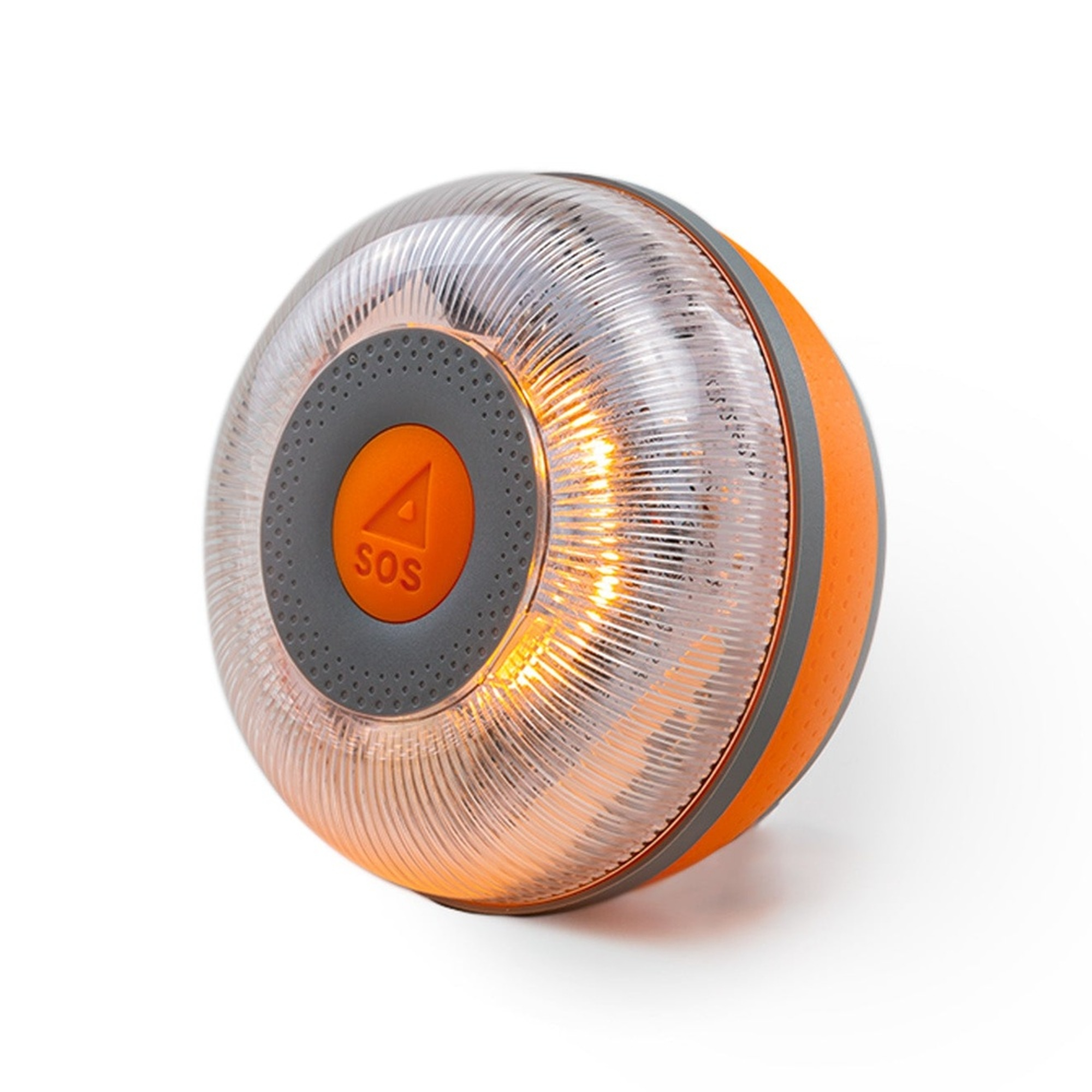 Luz de emergencia naranja y gris con lente transparente. Fondo blanco.