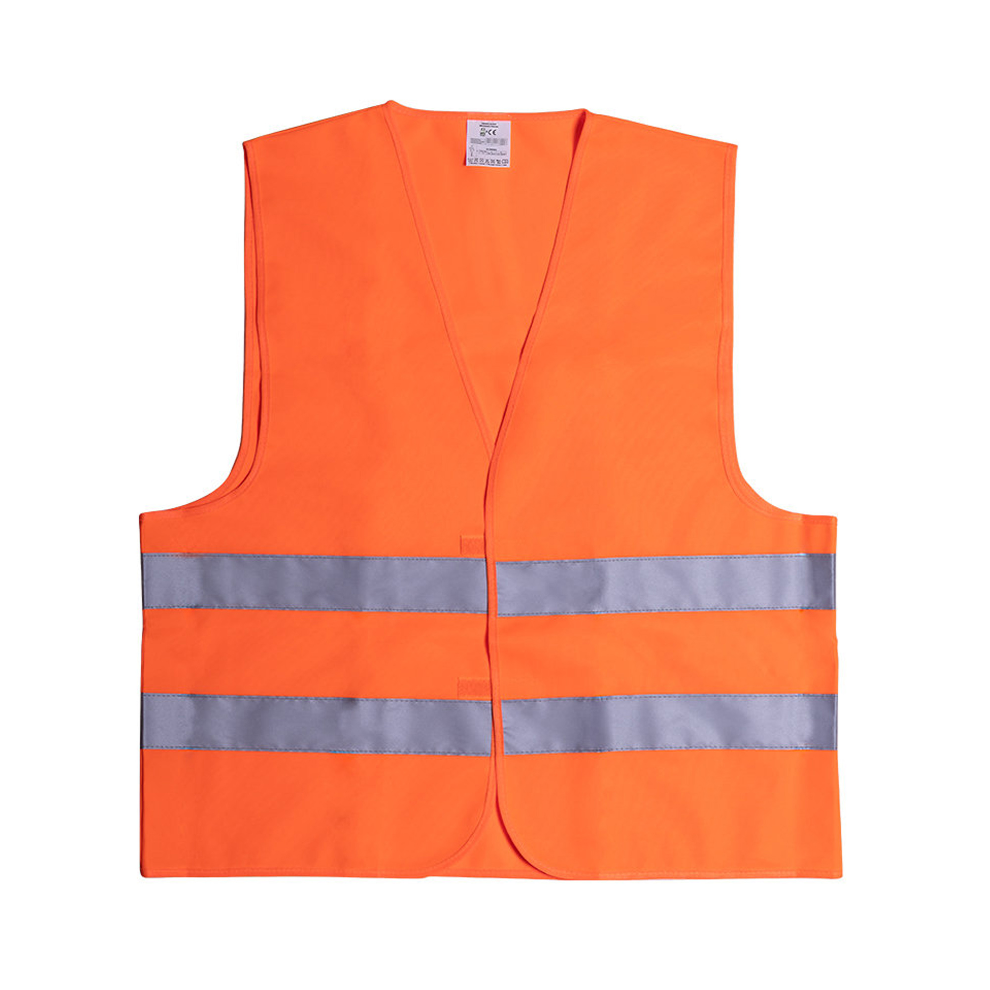 Un chaleco de seguridad naranja con rayas reflectantes. El chaleco tiene cuello en V y está abierto por delante.