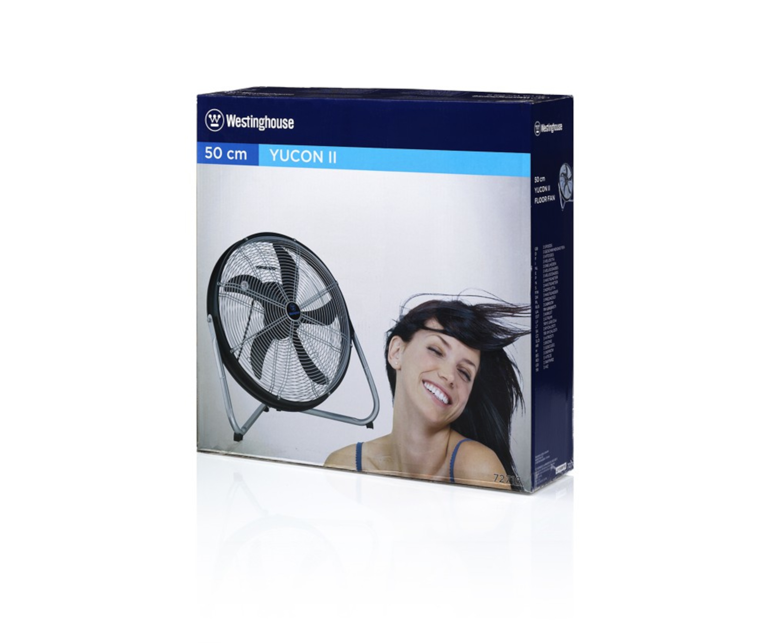 Scatola con un ventilatore e una donna. Testo: Westinghouse YUCON II 50 cm.