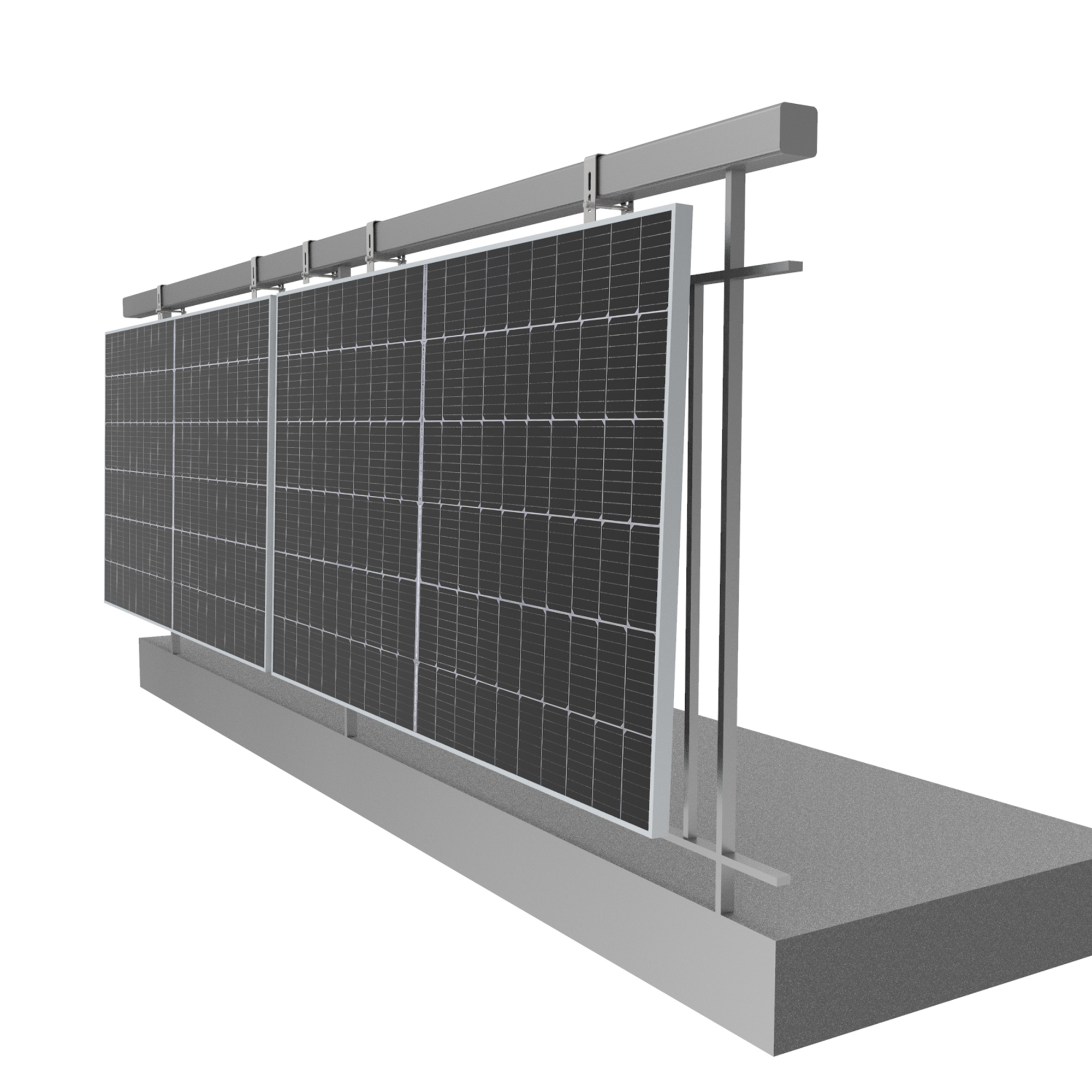 Solarpanel-Array auf grauer Basis. Tragwerk aus Metall. Isoliert auf Weiß.