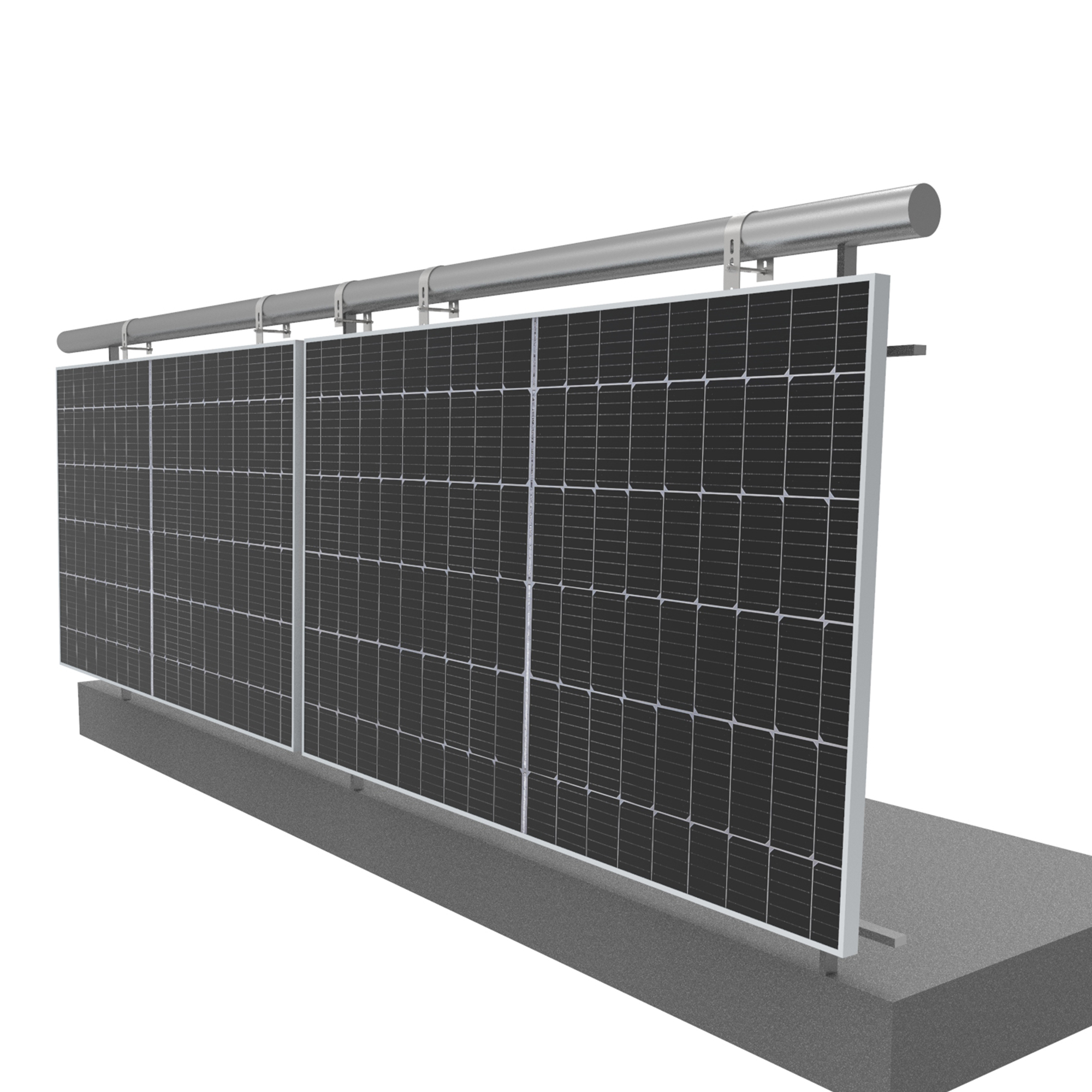 Mehrere Solarmodule auf grauer Basis, auf weißem Hintergrund montiert.