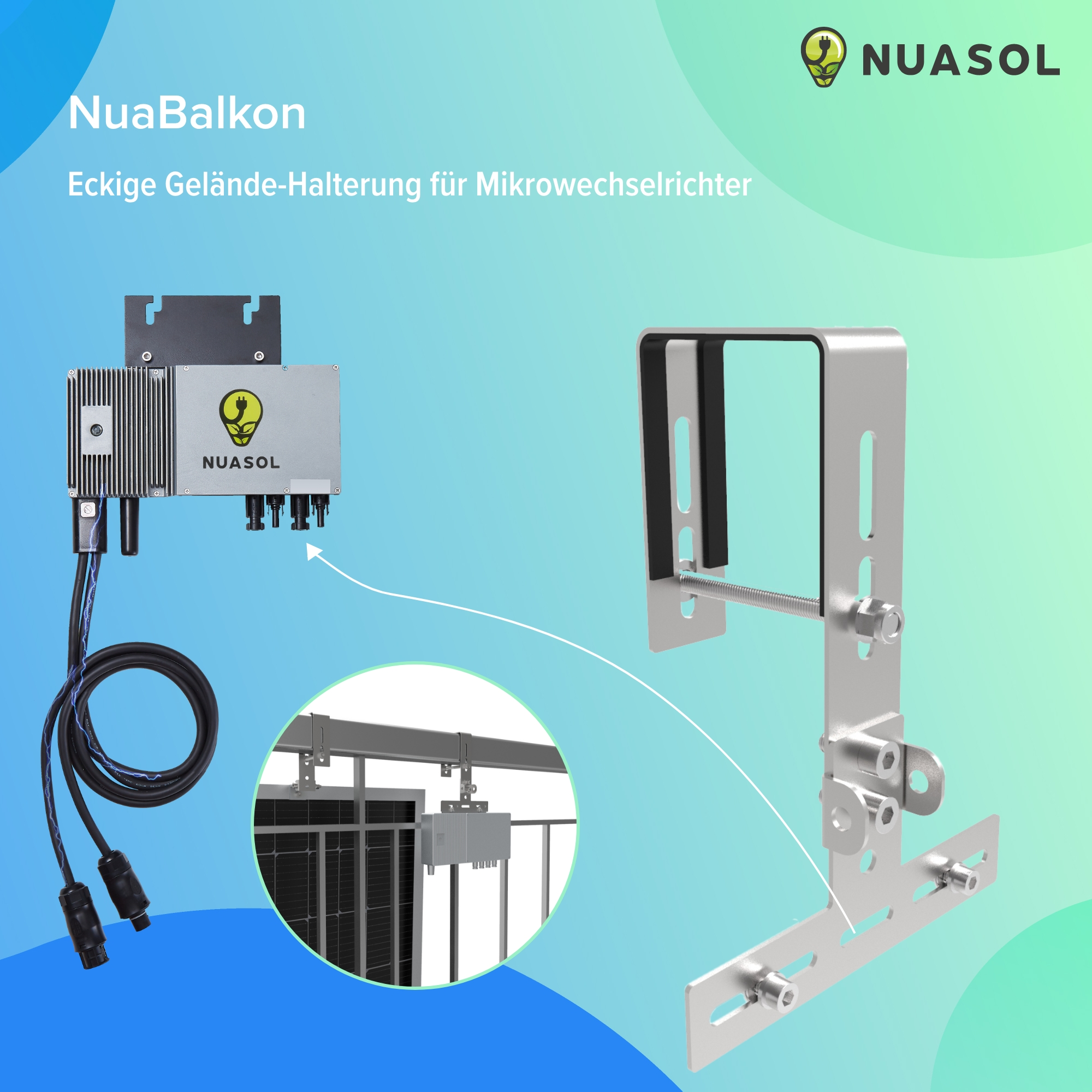 Gezeigte Winkelhalterung für einen Mikrowechselrichter mit Nahaufnahmen des Geräts und einer Solarmodul-Anordnung.