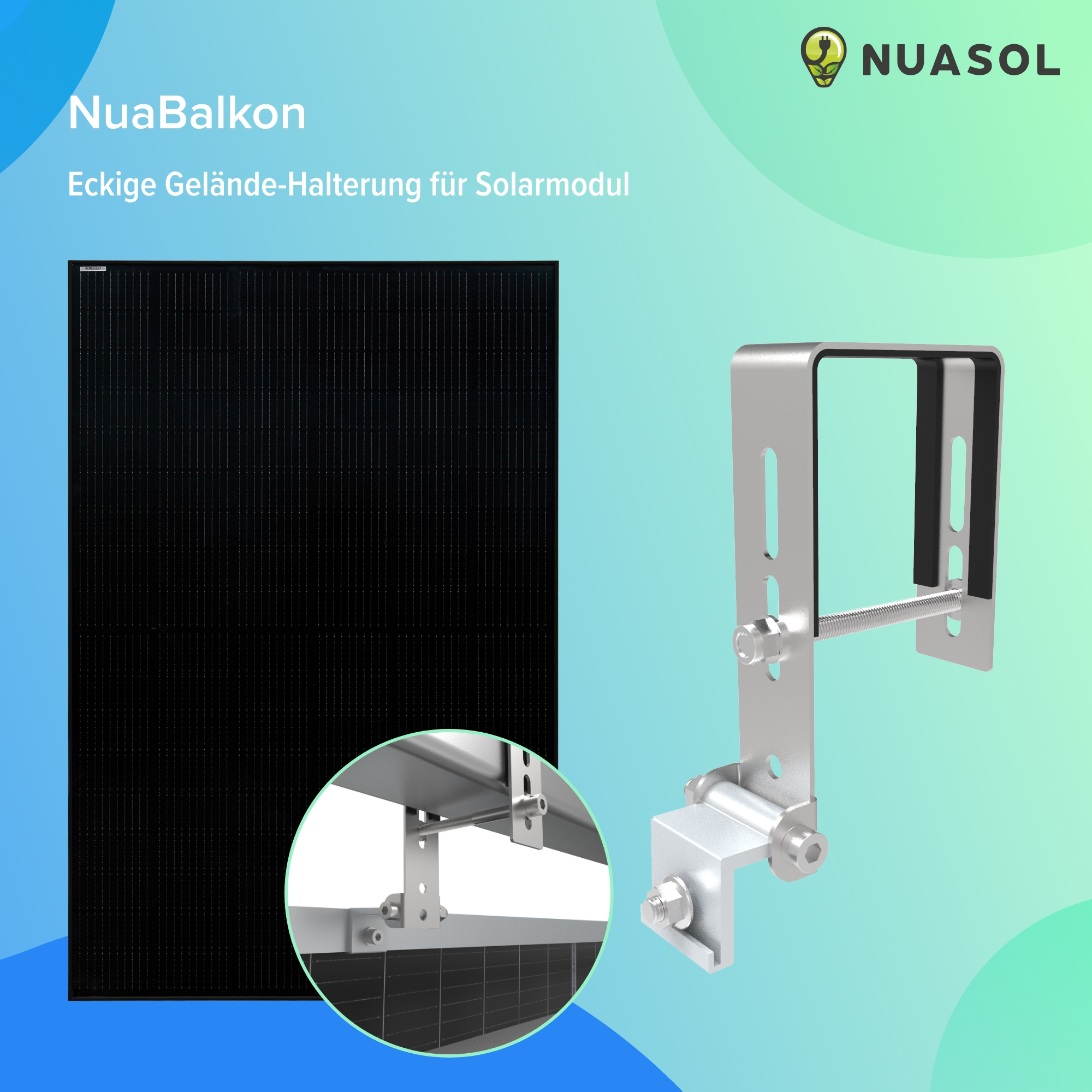 Ein Solarpanel und Montagezubehör. Das Panel ist schwarz, und die Hardware ist silberfarben und komplex.