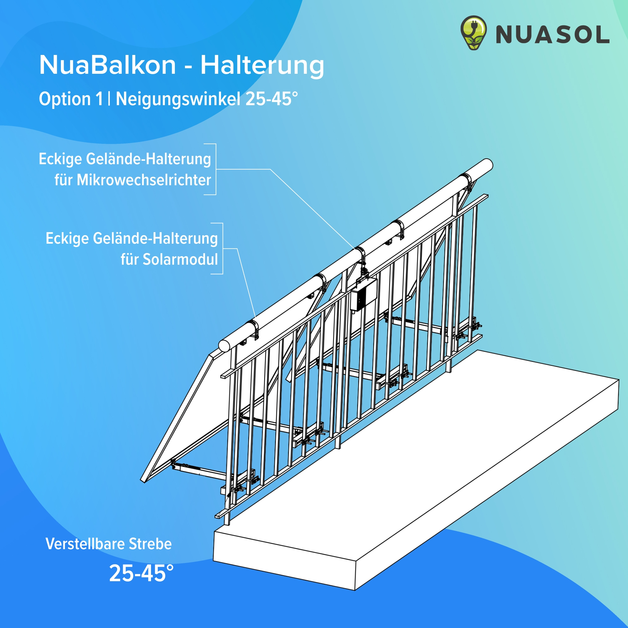Diagramm, das die Montage von Solarmodulen an einem Balkongeländer zeigt.