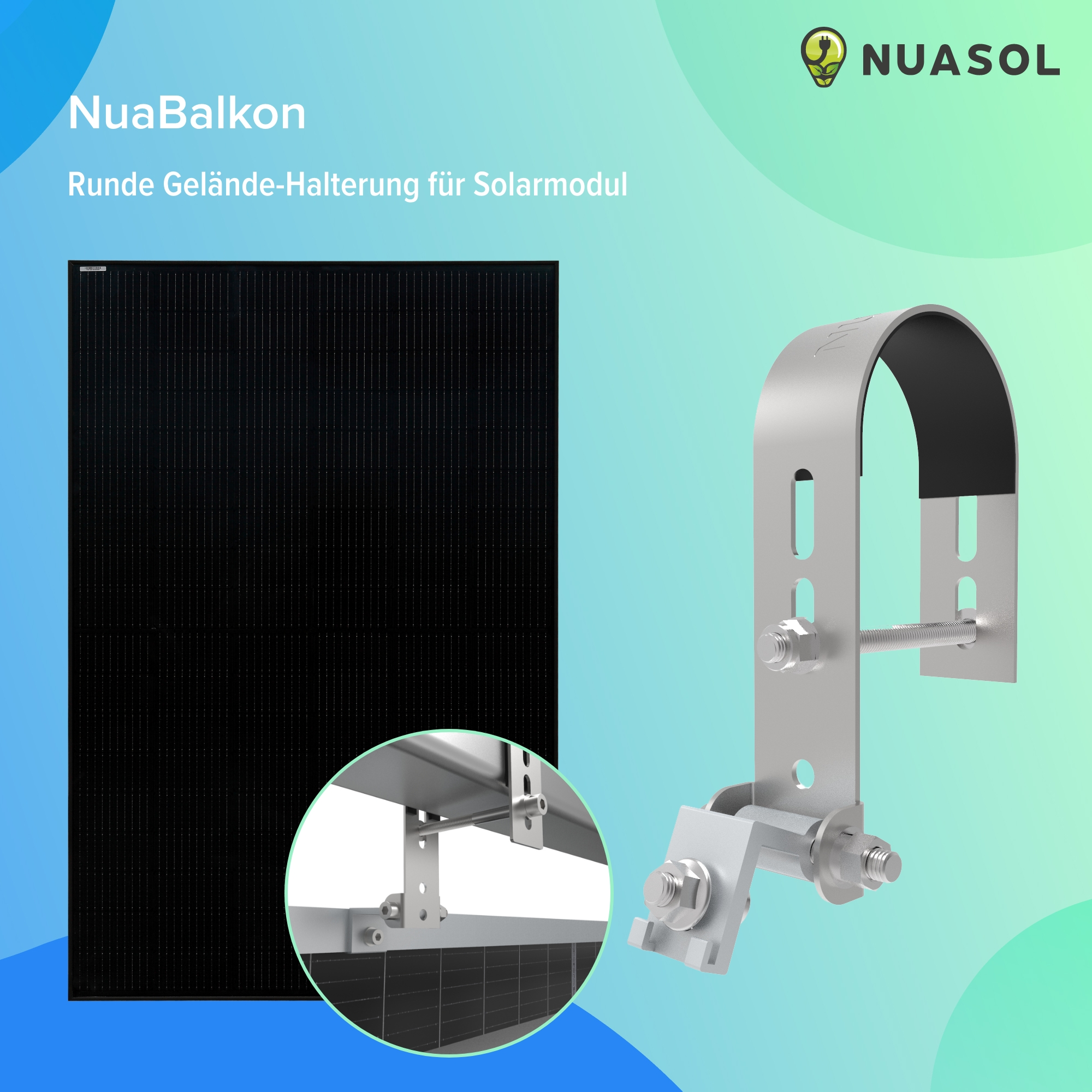 Solarmodul und Montagezubehör mit Text zum Produkt.