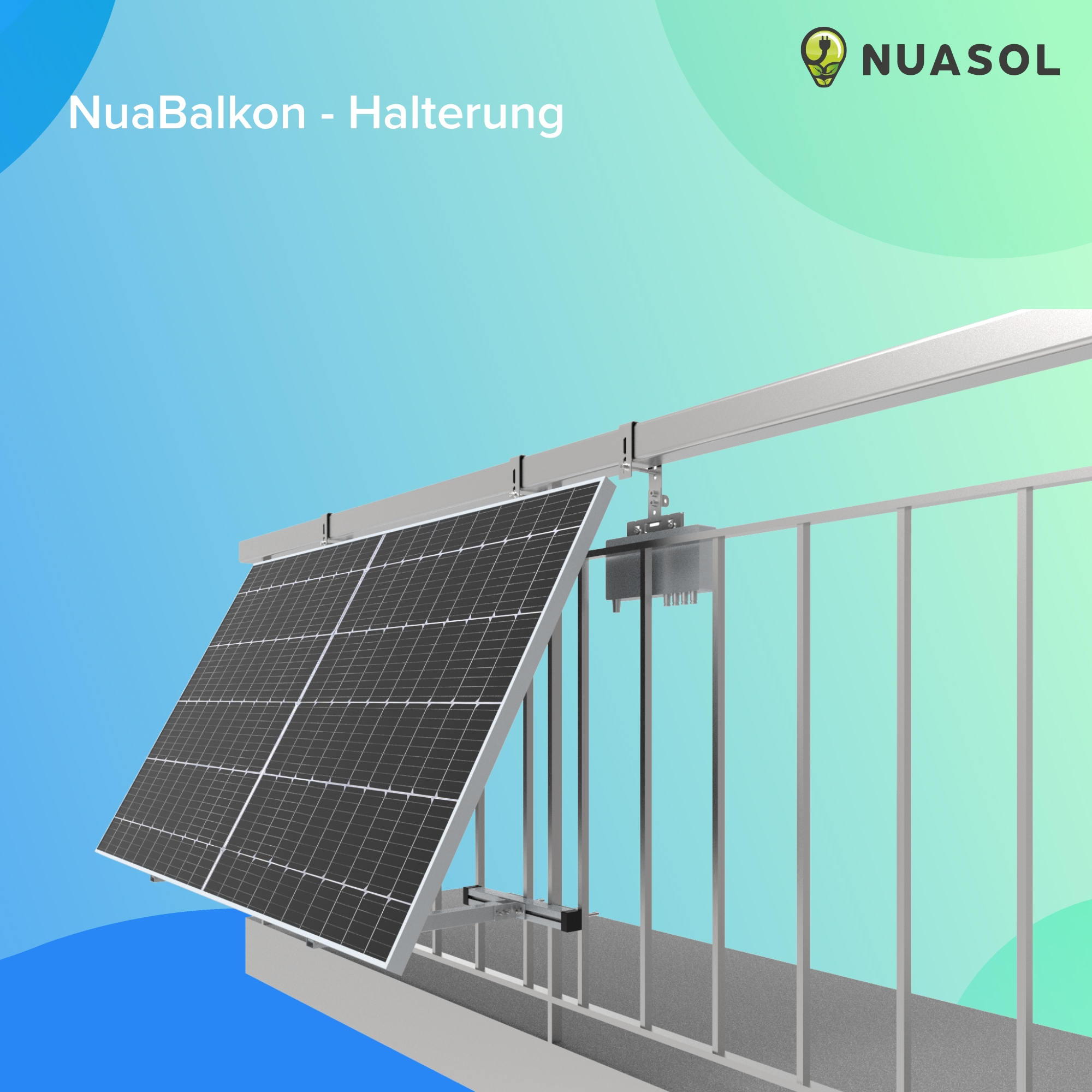 Ein Solarpanel an einem Balkongeländer befestigt. Der Text lautet NuaBalkon - Halterung.